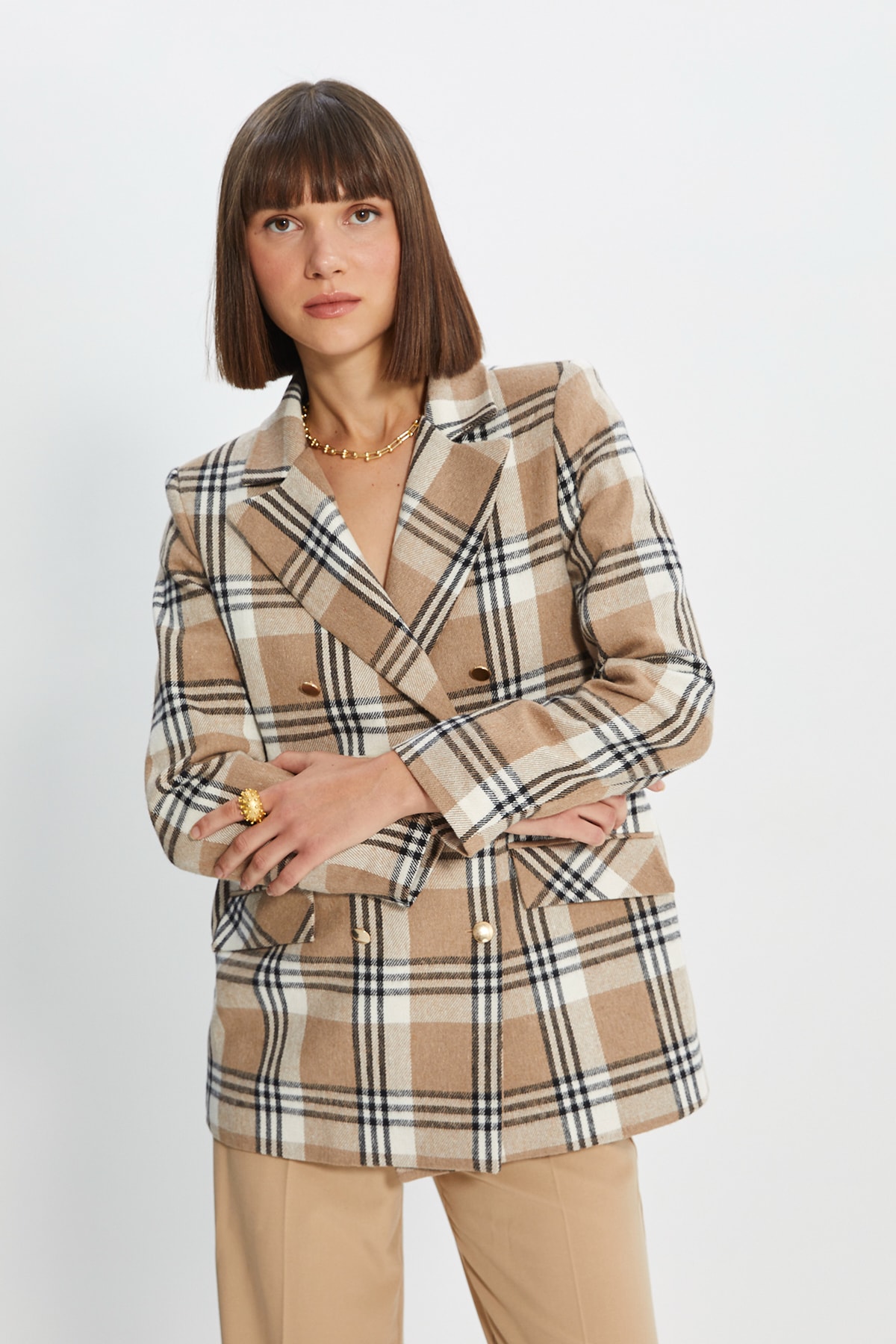 Trendyol Camel Double-breasted Fastening Checkered Blazer Jacket with Buttons, Woven Lined