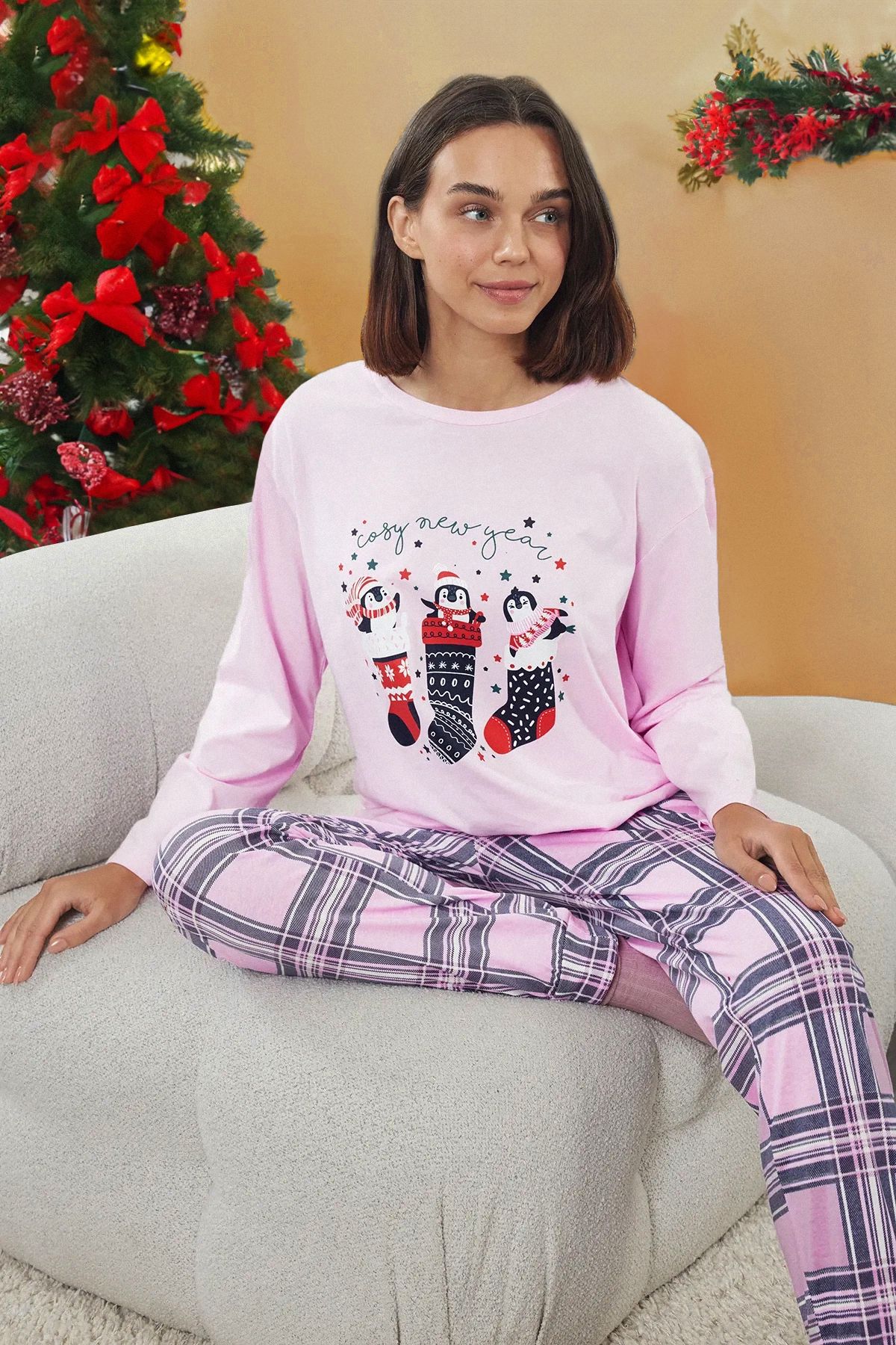 Trendyol Pink-Multicolored 100% Cotton Christmas Themed Plaid Knitted Pajama Set