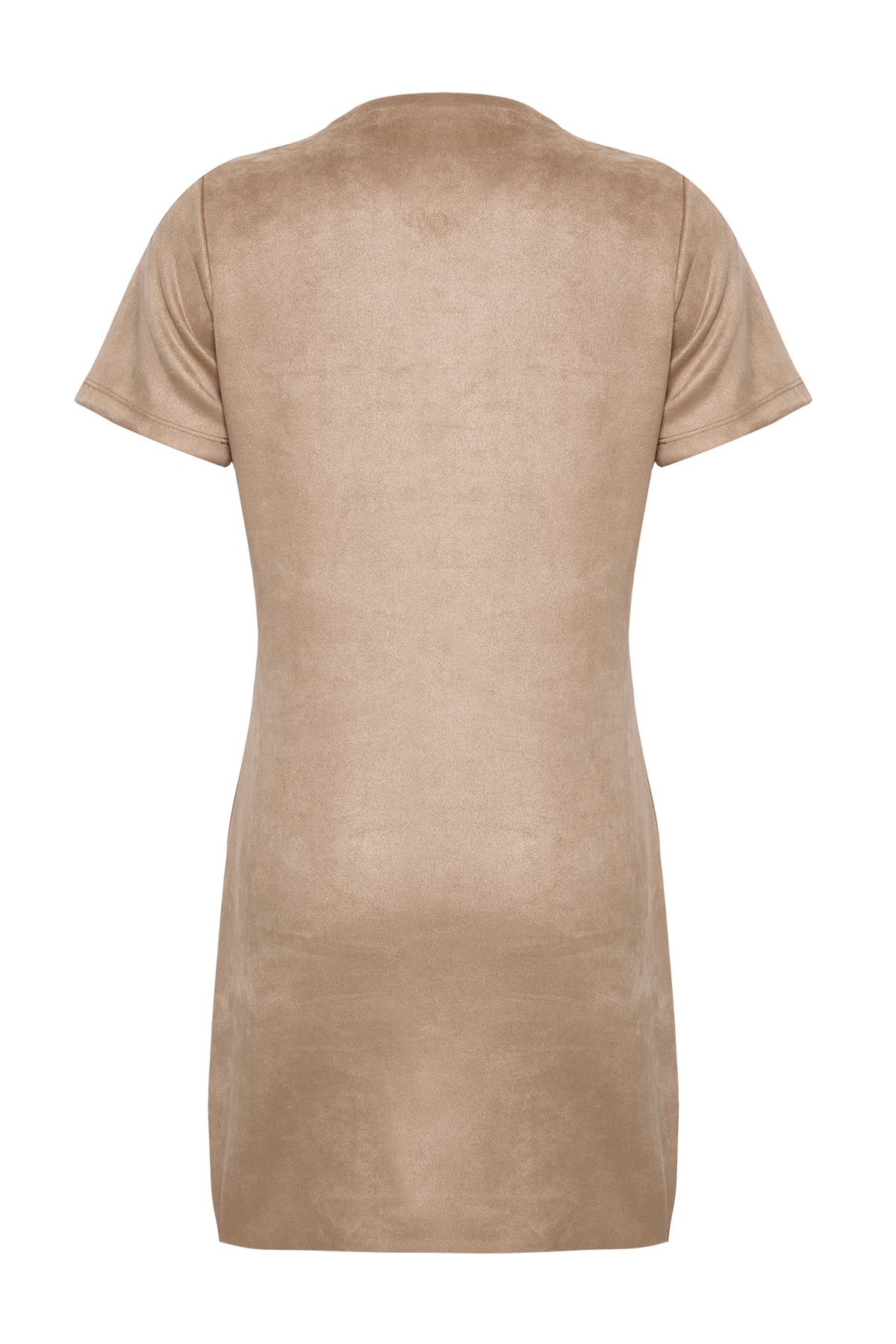 Trendyol Mink Crew Neck Stone Detailed Shift/Straight Mini Suede Knitted Dress