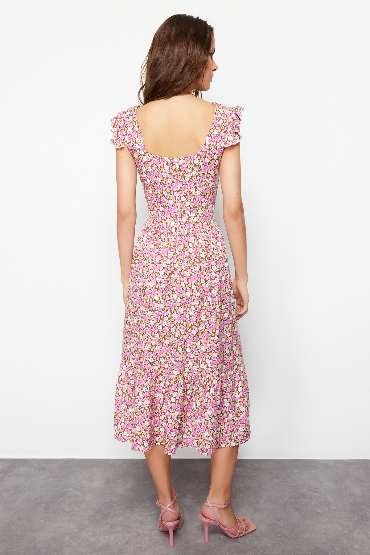 Trendyol Lilac Floral Print Square Collar A-line Viscose Midi Woven Dress