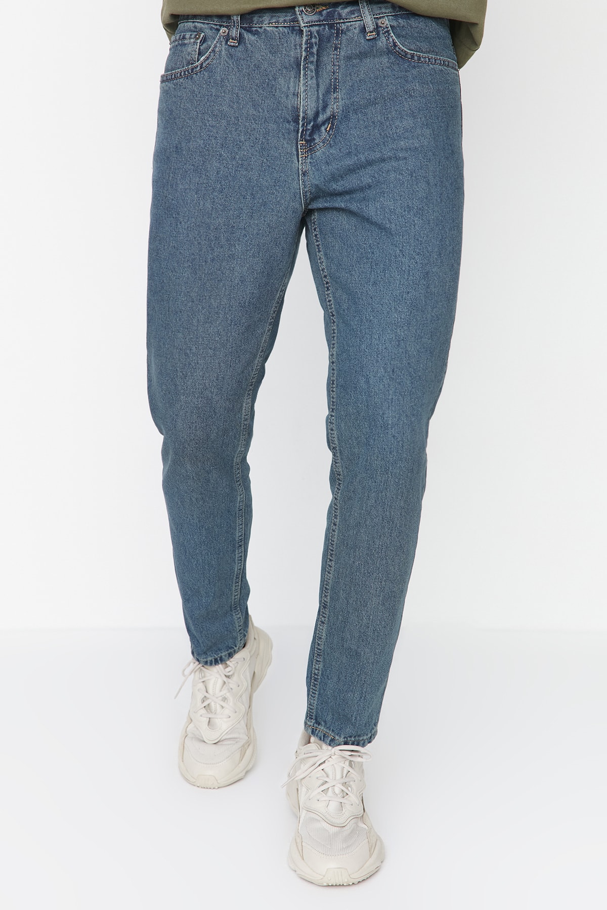 Levně Trendyol Navy Blue Green Vintage Look Relax Fit Boyfriend Jeans Denim Trousers