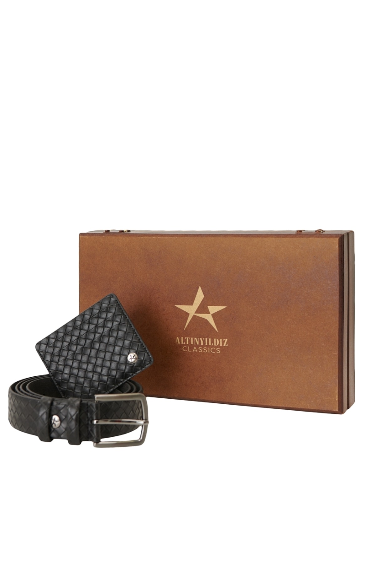 Levně ALTINYILDIZ CLASSICS Men's Black Special Wooden Belt with Gift Box - Card Holder Accessory Set Groom's Pack