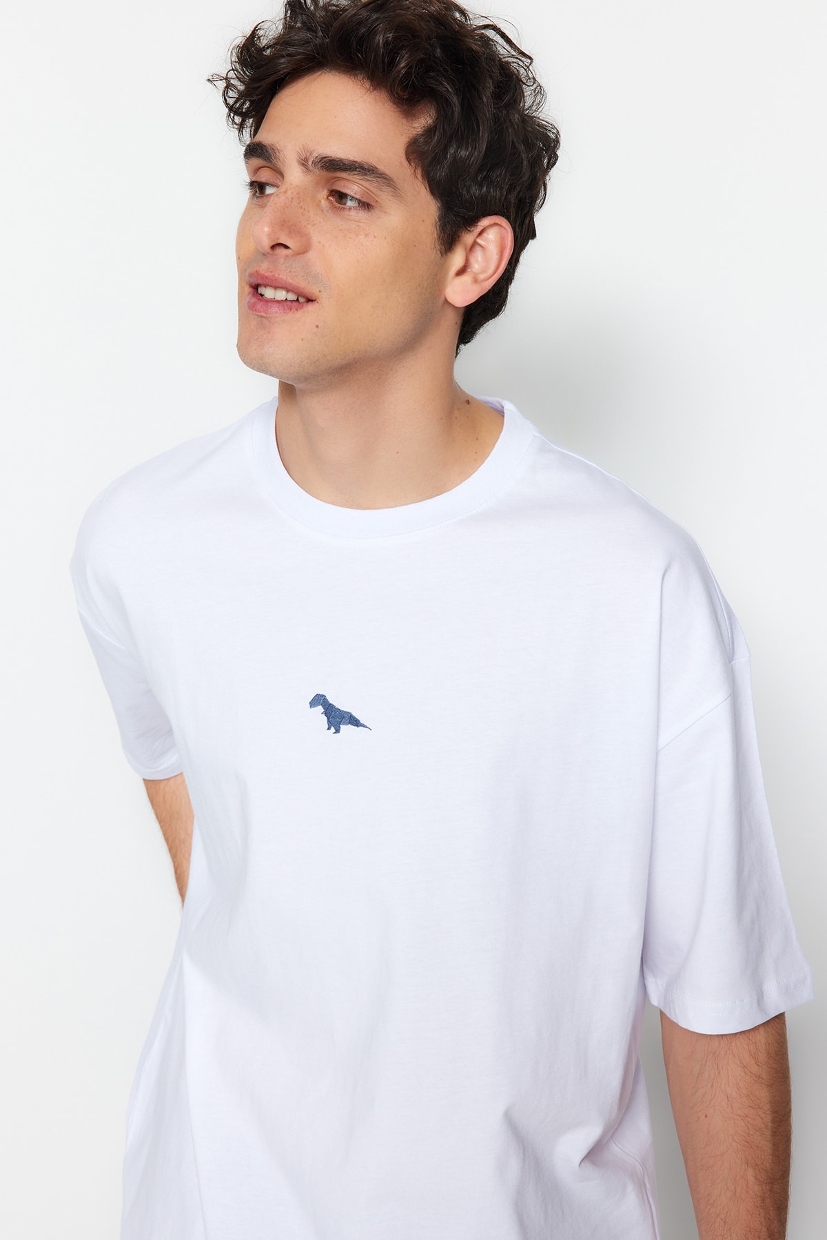 Levně Trendyol Bílé oversize / široký střih Krátký rukáv Dinosaur vyšívané 100% bavlněné tričko