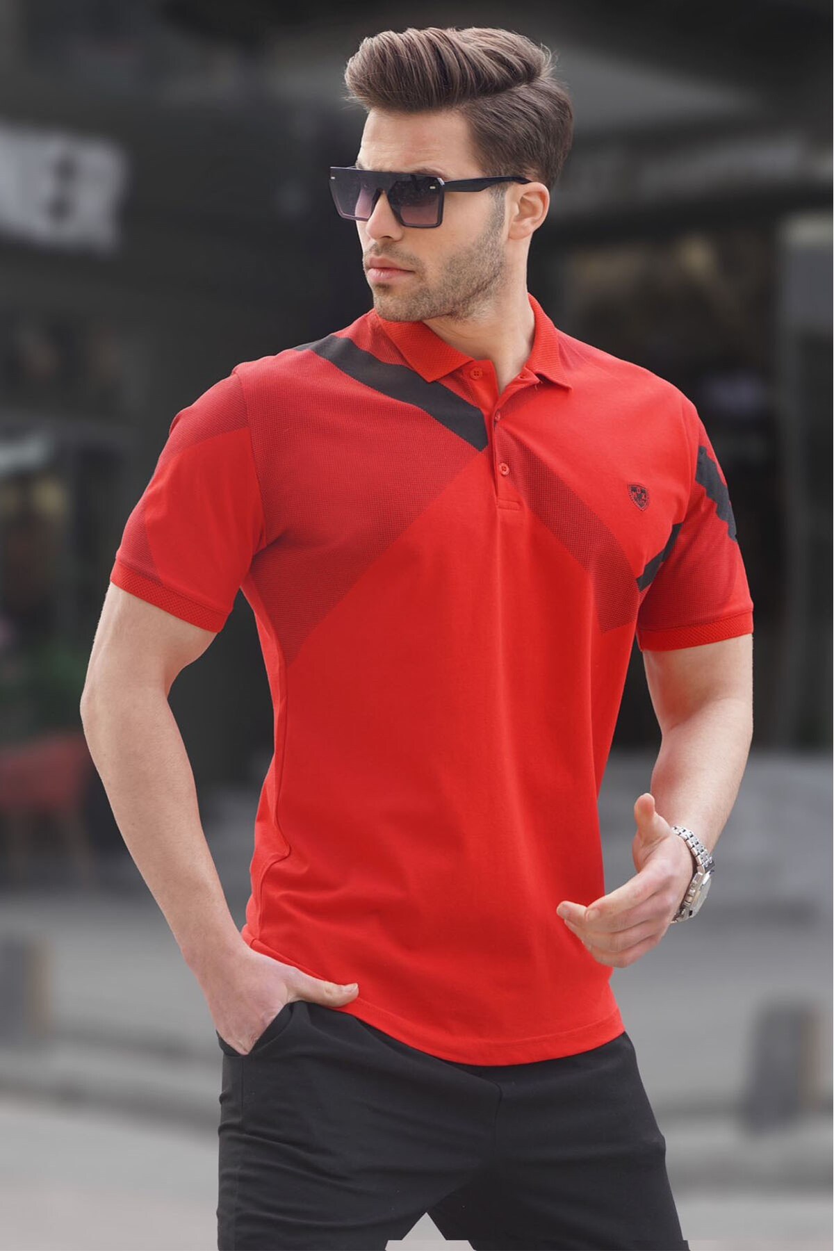 Levně Madmext Red Patterned Polo Neck Men's T-Shirt 6081