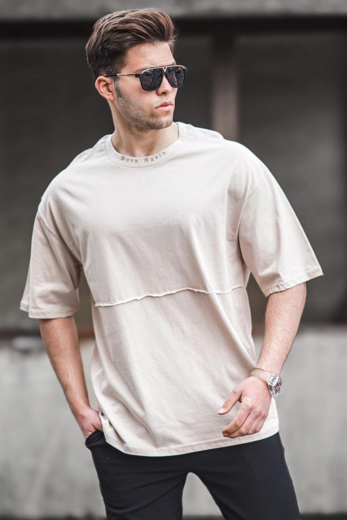 Levně Madmext Men's Beige Oversize Printed T-Shirt 5250