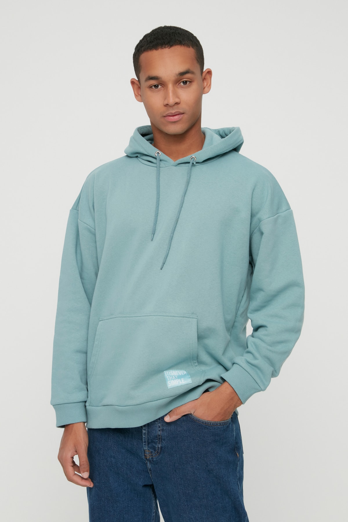 Levně Trendyol Basic Mint Oversize/Wide-Fit Hooded Labeled Fleece Inner Sweatshirt