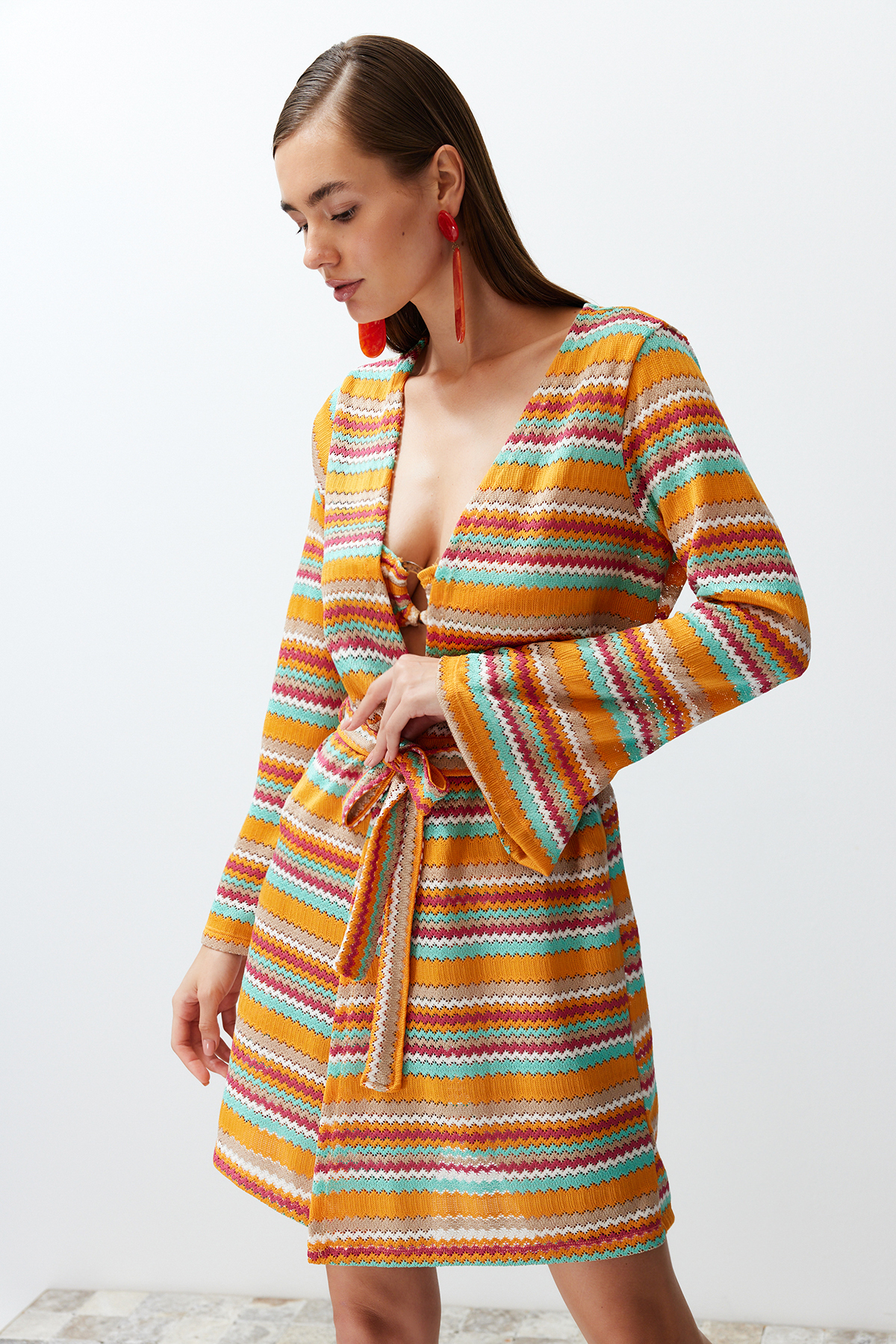 Trendyol Geometric Patterned Belted Mini Knitted Kimono&amp;Kaftan