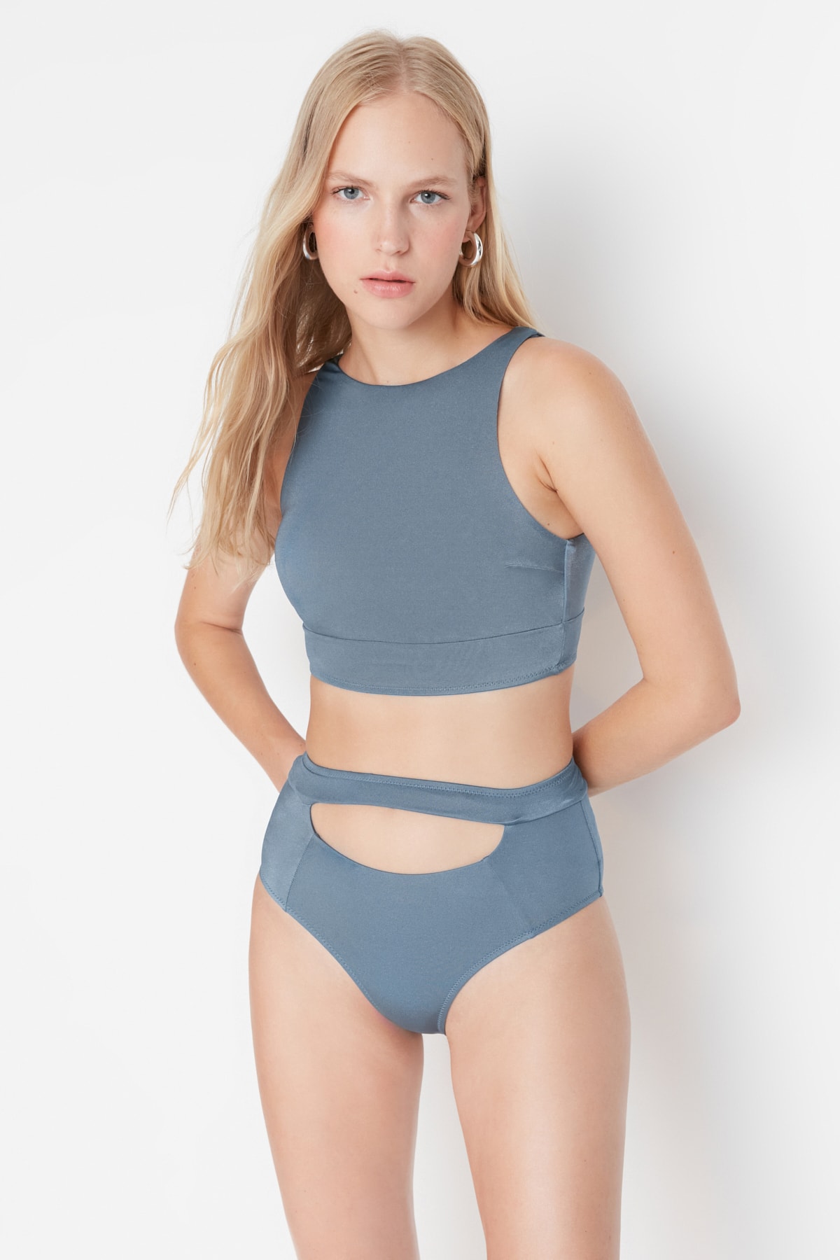 Trendyol Blue Shiny Cut Out Detailed High Waist Bikini Bottoms
