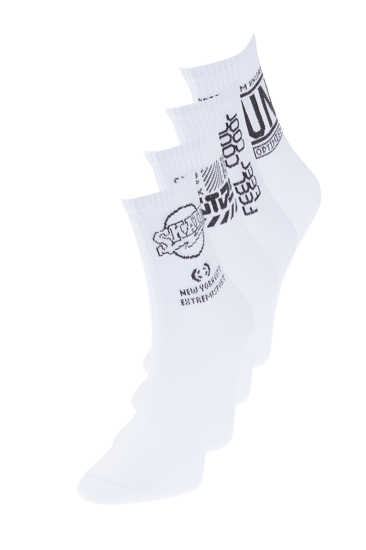 Levně Trendyol 4-Pack White Cotton Text Pattern College-Tennis-Medium Size Socks