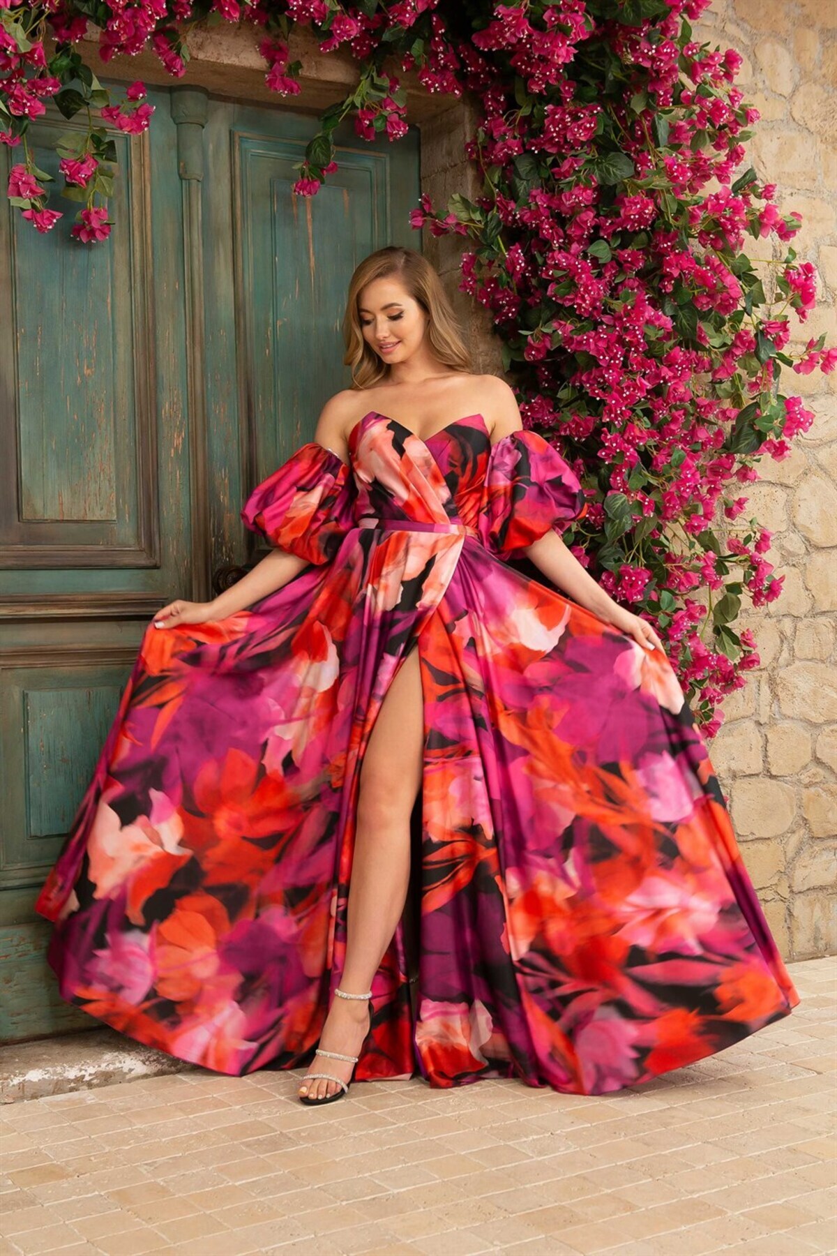 Carmen Purple Printed Satin Balloon Sleeve Long Evening Dress