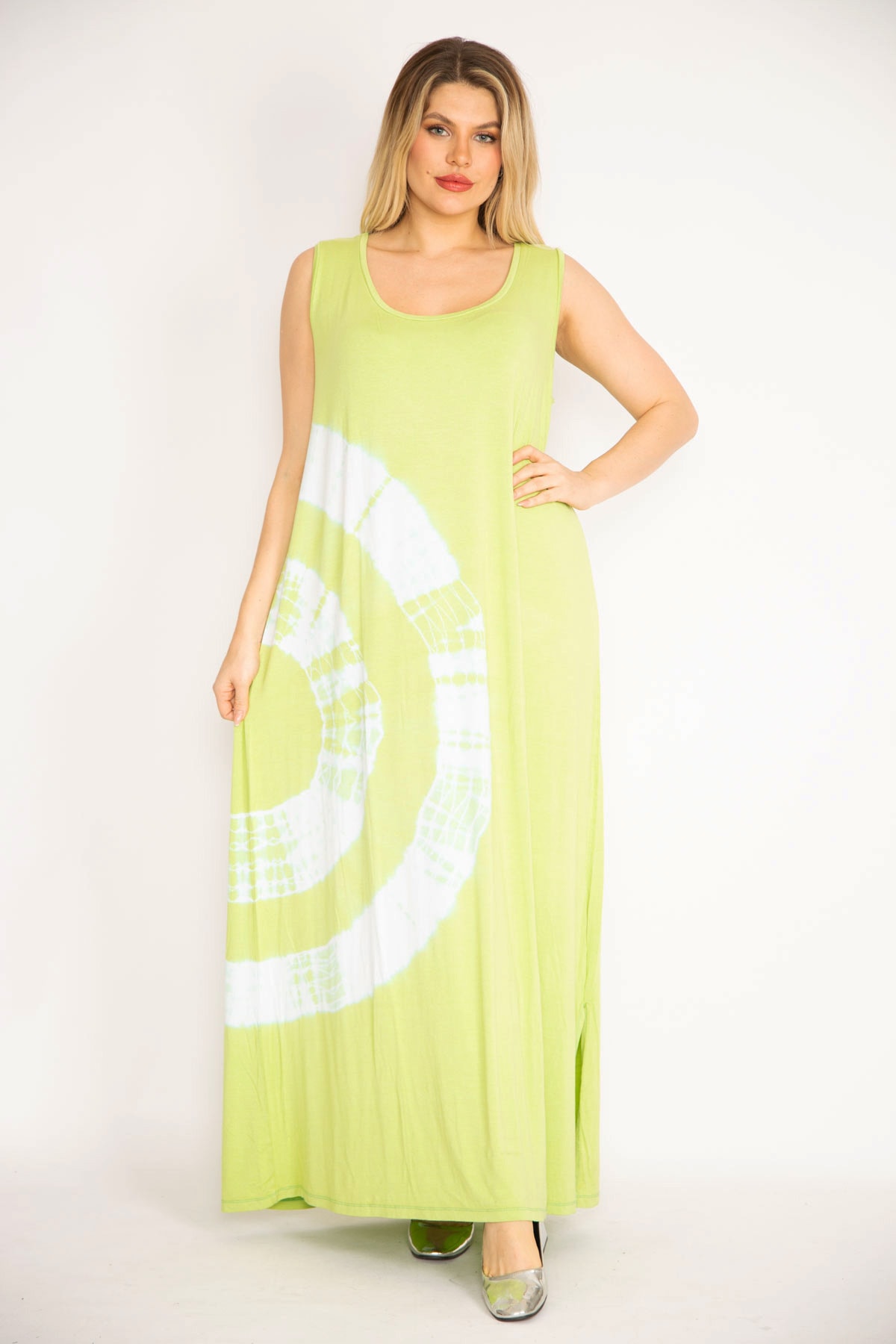 Şans Women's Green Tie Dye Patterned Long Dress with Side Slits