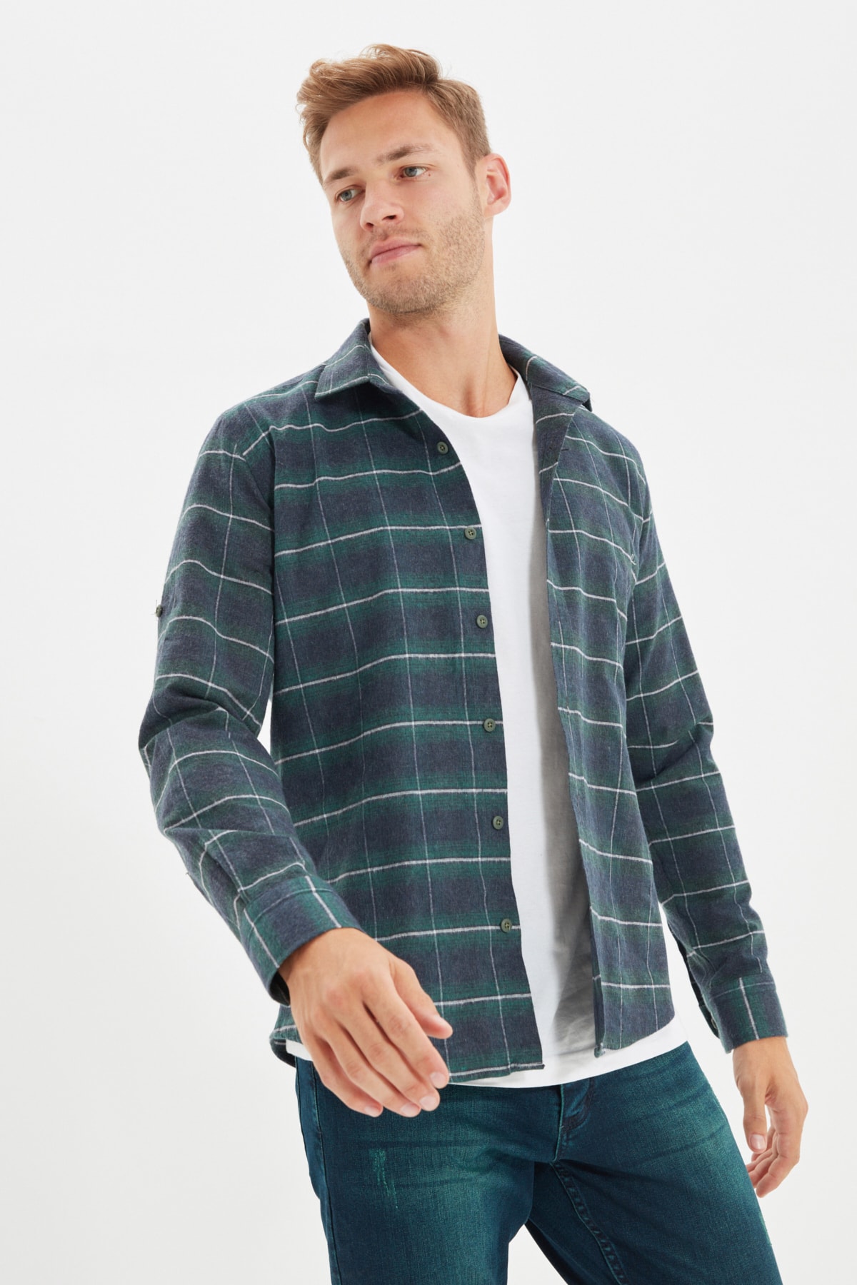Levně Trendyol Green Slim Fit Epaulette Lumberjack Plaid Shirt