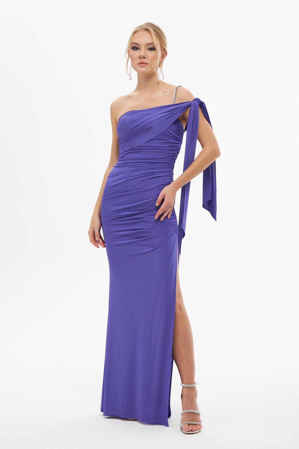 Carmen Purple Sandy Single Sleeve Slit Long Evening Dress