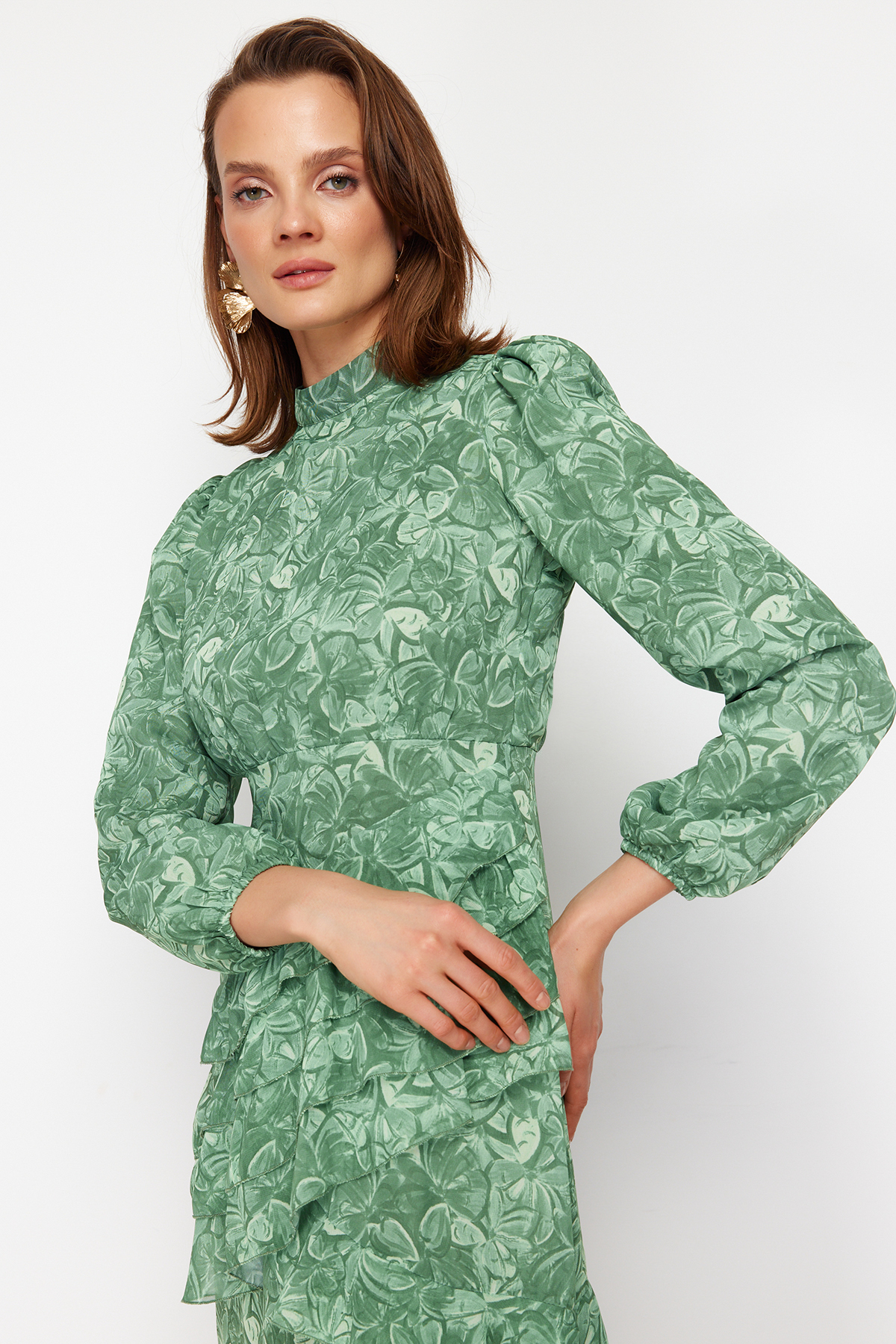 Trendyol Khaki Floral Skirt Frilly Lined Woven Chiffon Dress