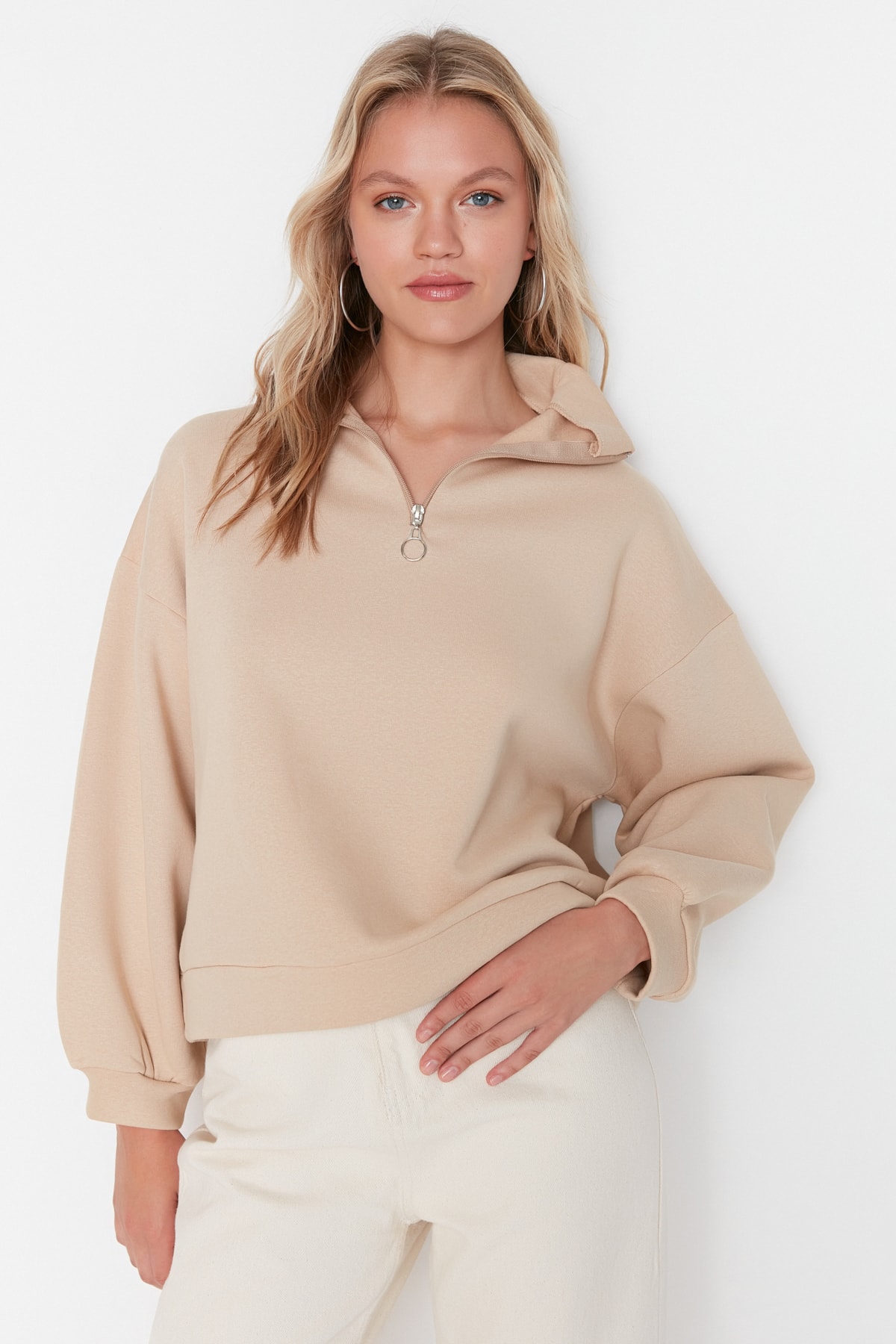 Trendyol Beige Zipper Detail Fleece Inner Thick Boyfriend Knitted Sweatshirt