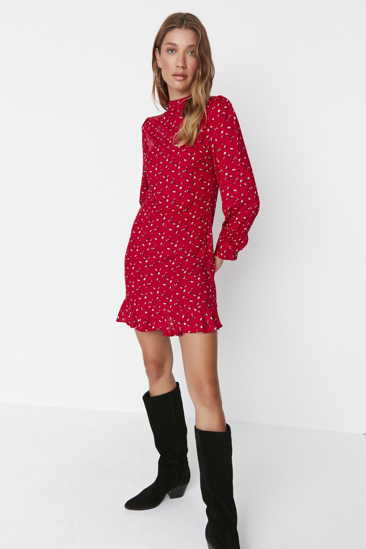 Trendyol Red High Neck Flounce Mini Rochie țesută țesută