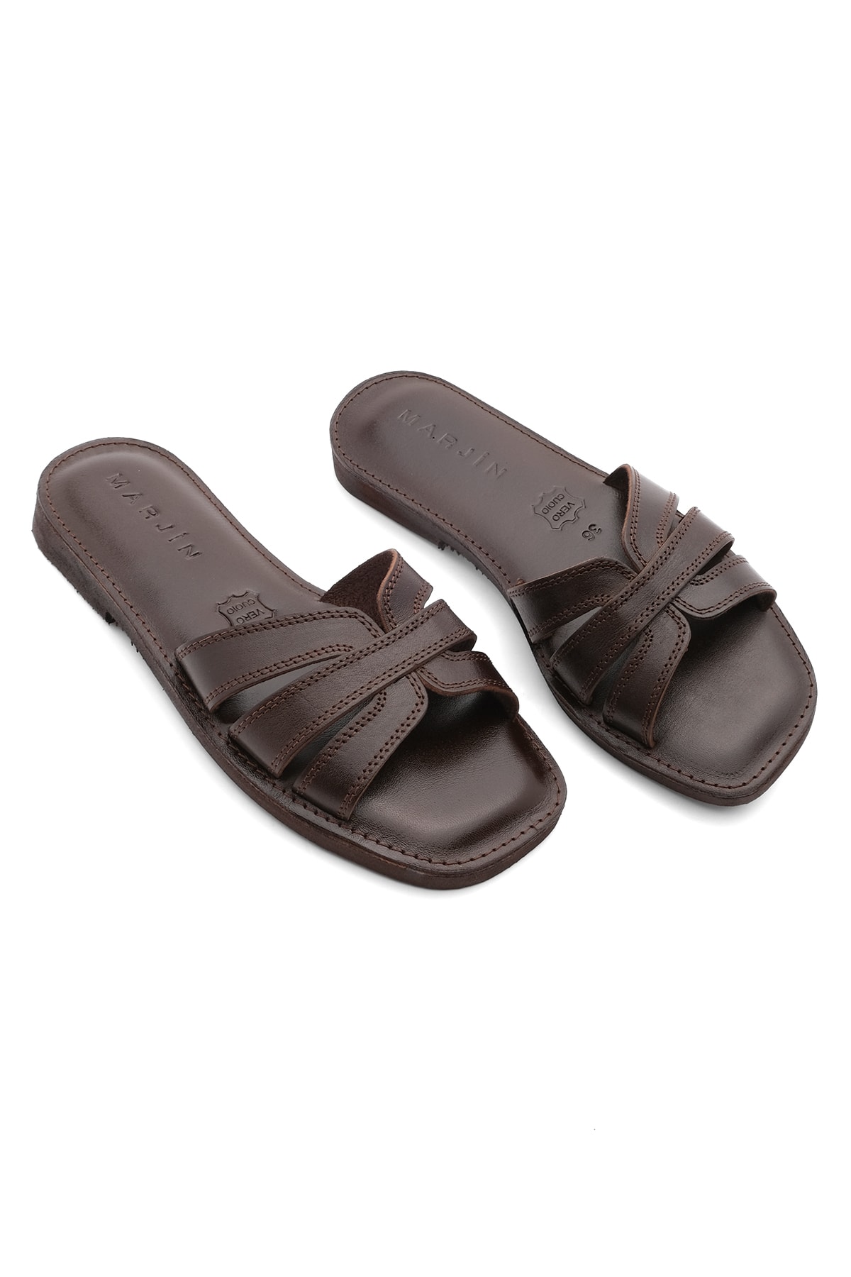 Levně Marjin Women's Genuine Leather with Eva Sole. Daily Slippers. Generic Brown.