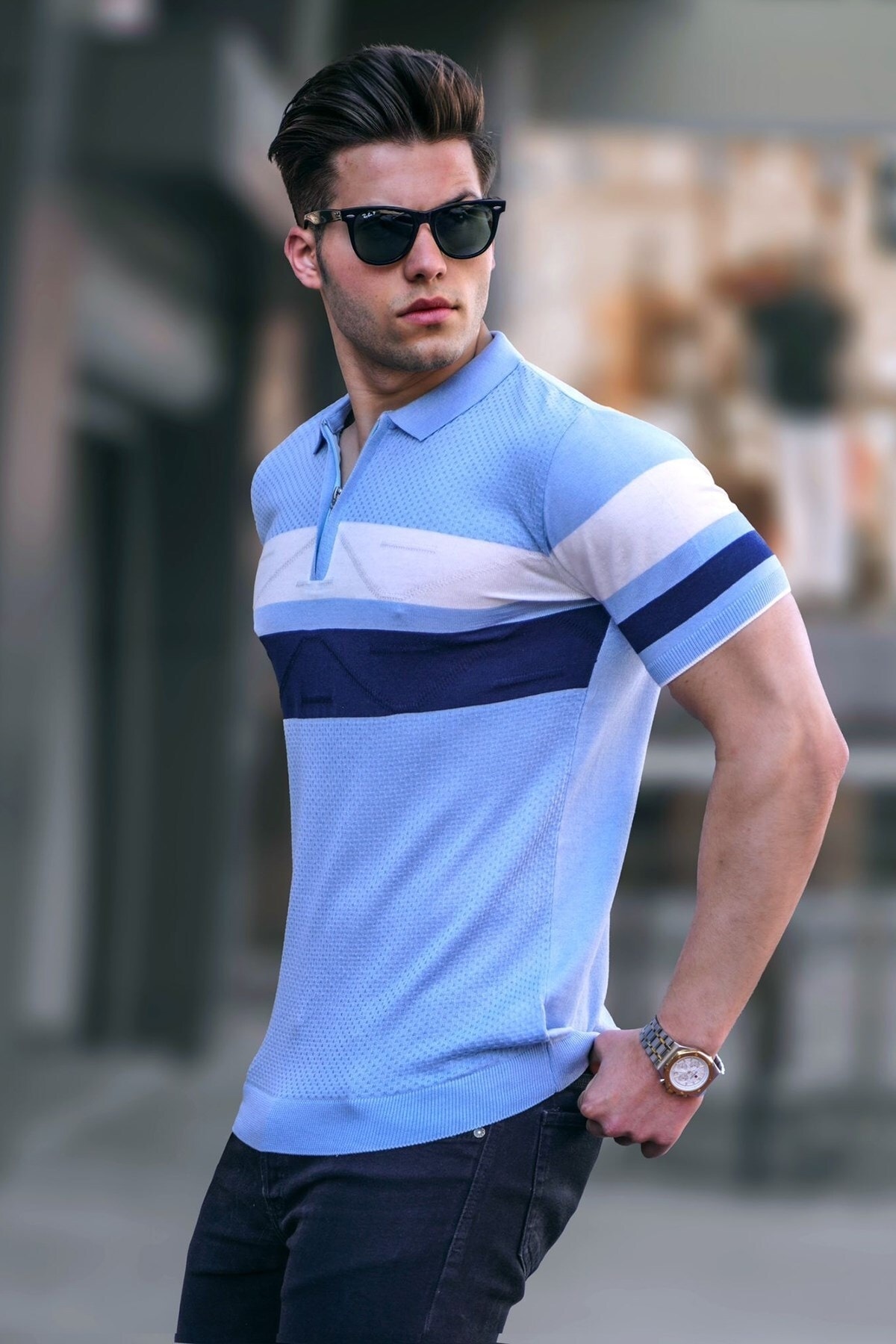 Levně Madmext Boys' Baby Blue Polo Collar Zippered T-Shirt 5730