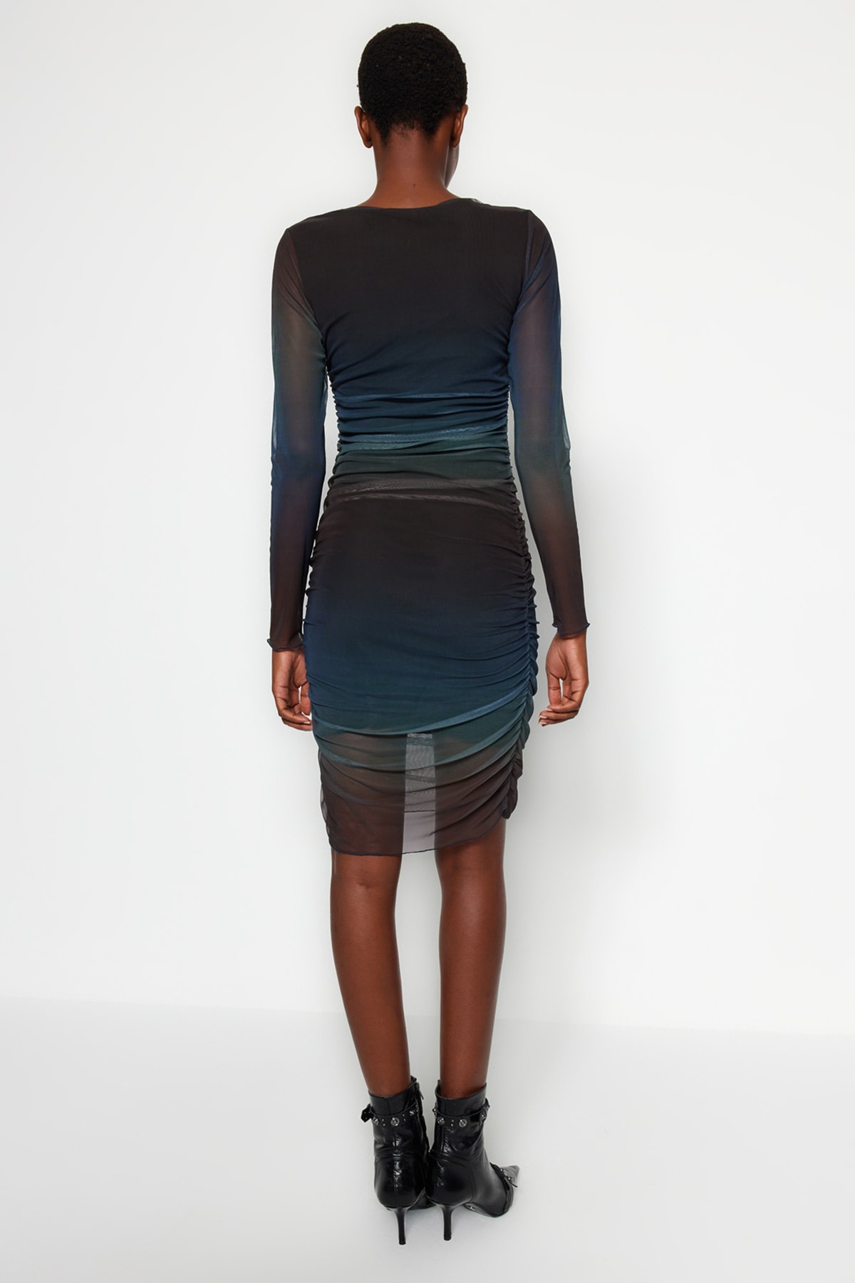 Rochie mini tricotată cu imprimeu multicolor Trendyol Crewneck cu detalii șiretuite și cambrate