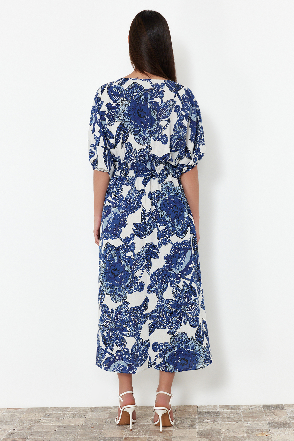 Trendyol Blue Floral A-Line Double-Breasted Midi Woven Dress
