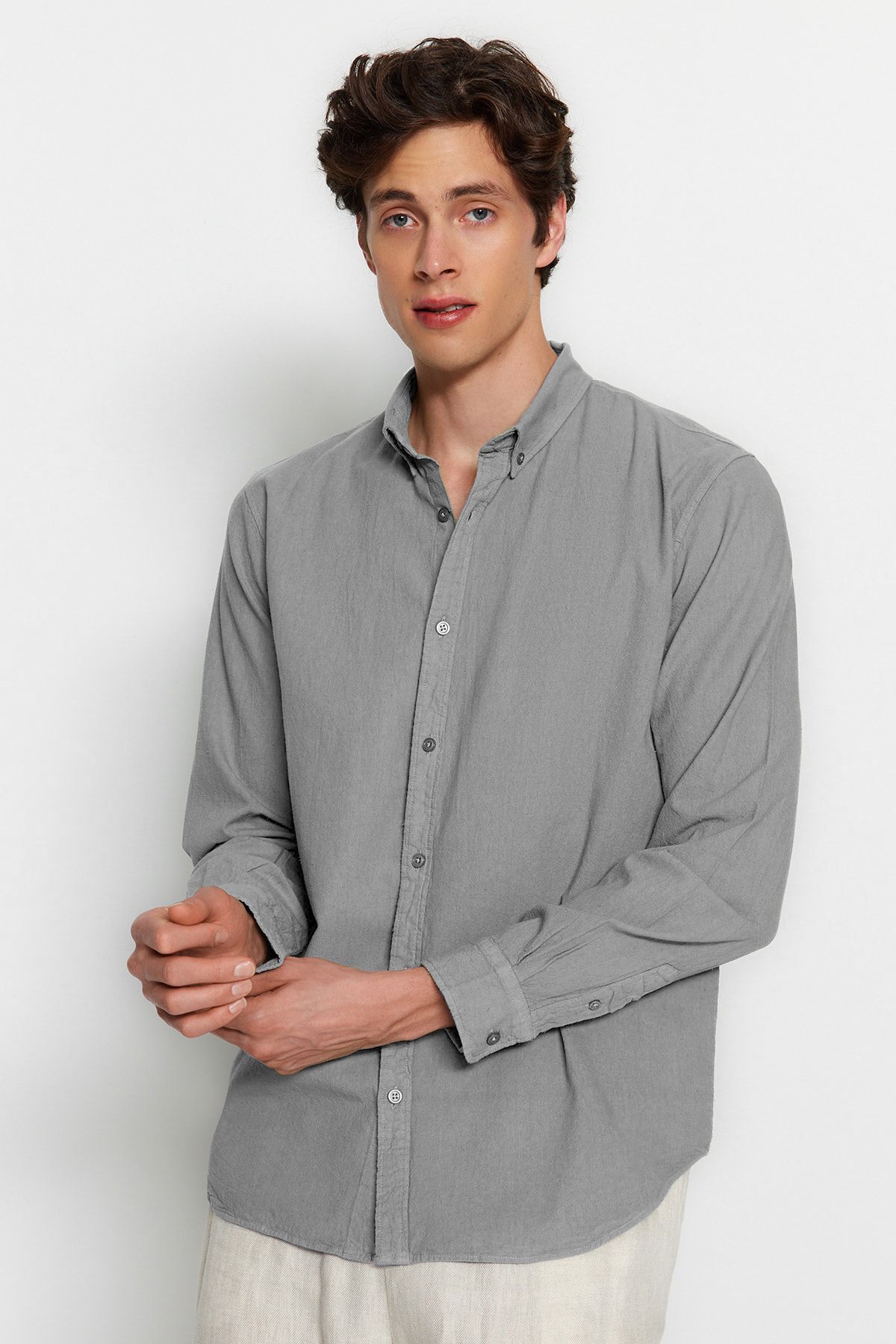 Trendyol Gray Regular Fit 100% Cotton Linen Look Shirt
