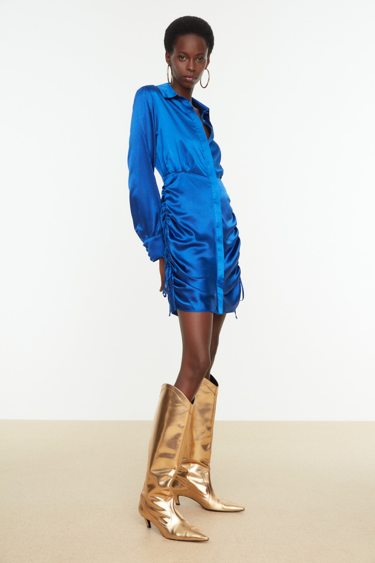 Trendyol Indigo Shirring Detailed Satin Evening Dress