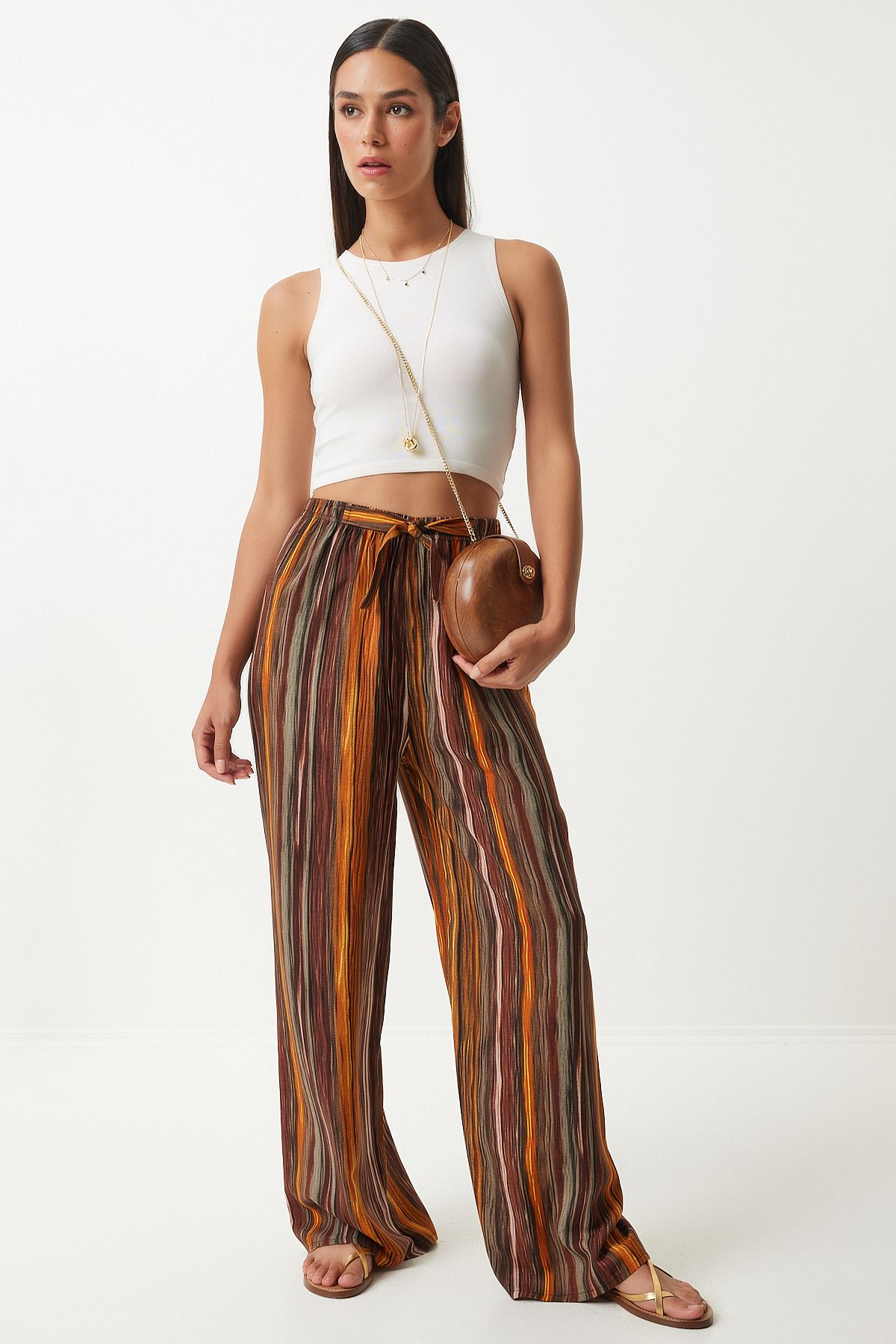 Happiness İstanbul Women's Brown Patterned Flowing Viscose Palazzo Trousers