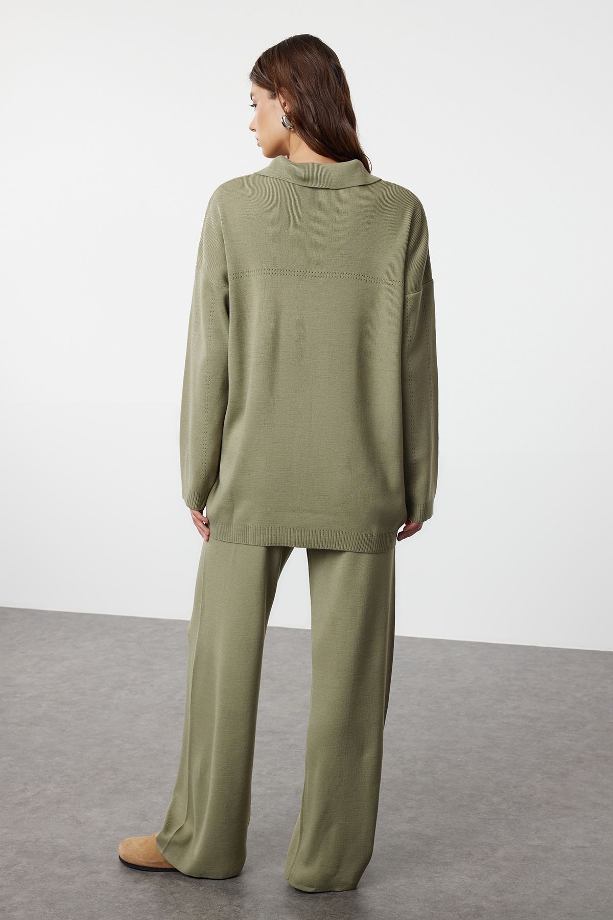 Trendyol Khaki Polo Neck Knitwear Sweater Trousers Bottom-Top Set