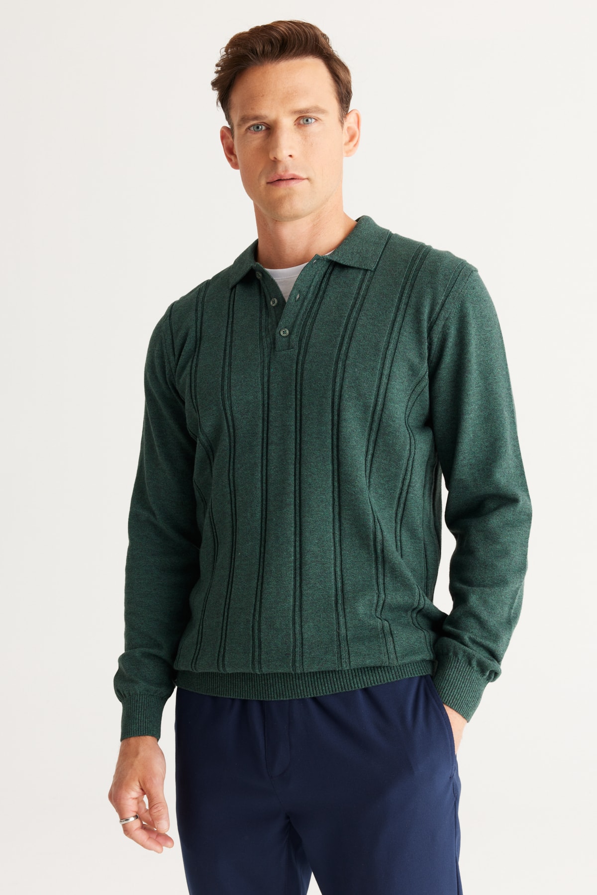 AC&Co / Altınyıldız Classics Men's Green Slim Fit Slim Fit Polo Neck Cotton Patterned Knitwear Sweater