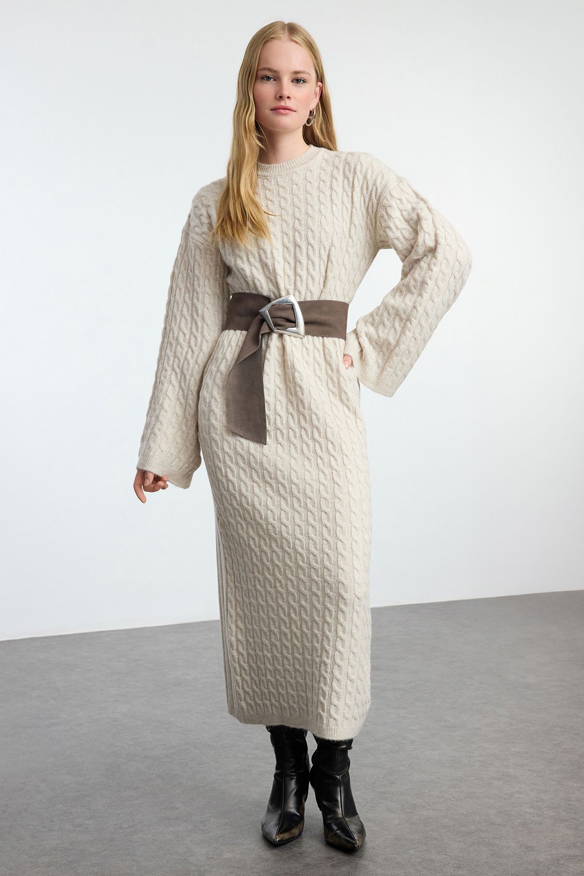 Trendyol Beige Braided Knitwear Dress