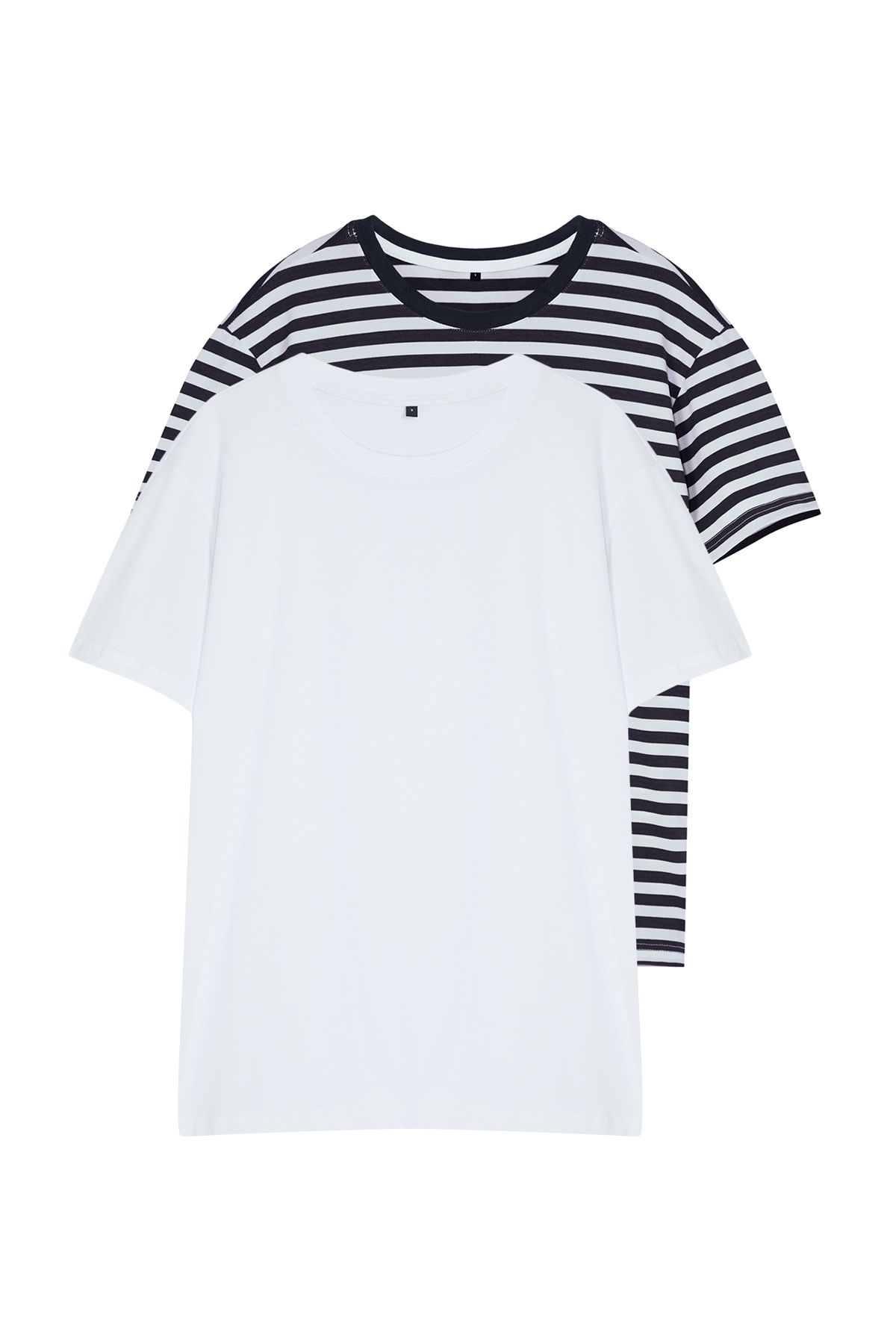 Trendyol White-Navy Blue Striped Basic Regular Cut 2 Pack Short Sleeve T-Shirt