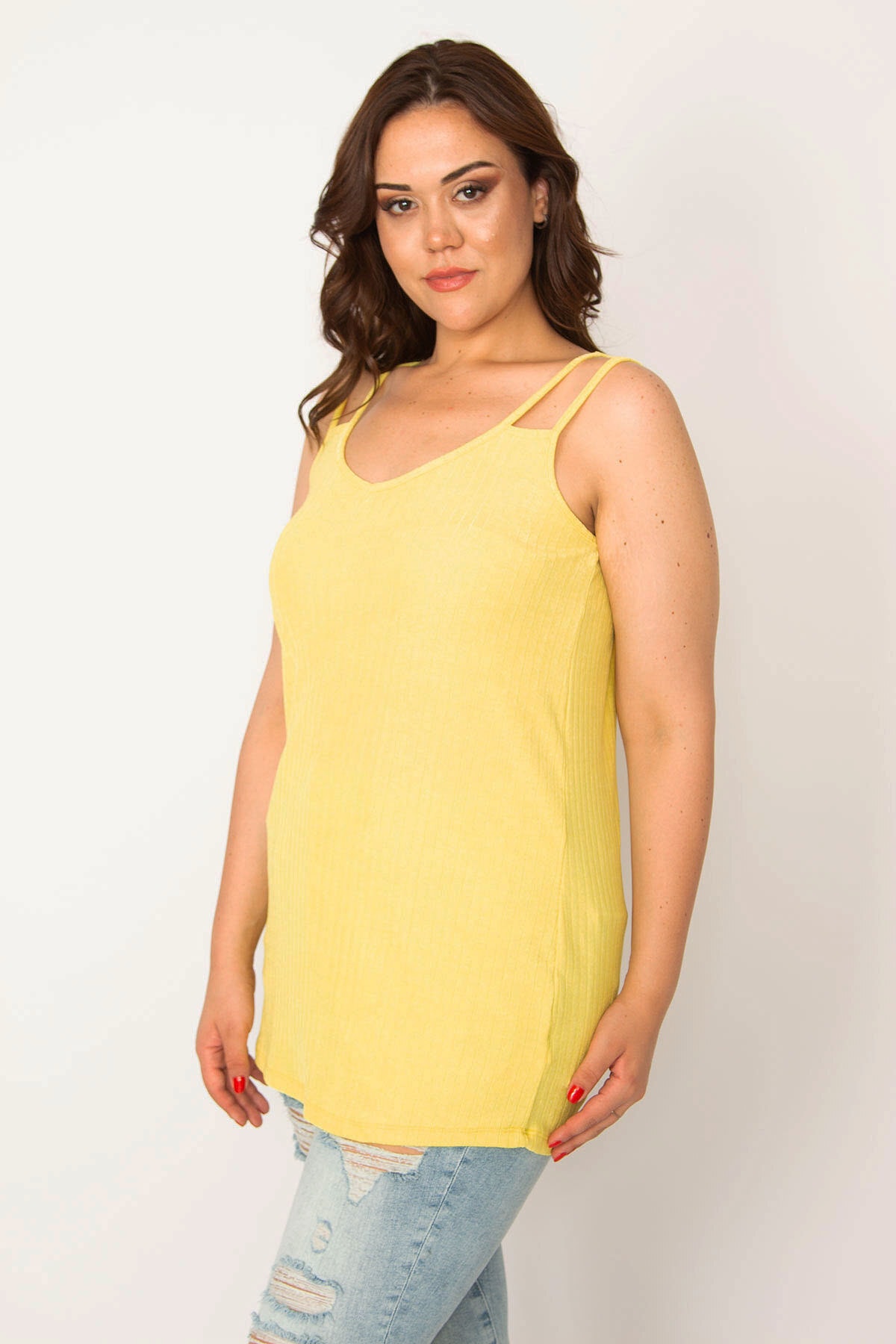 Levně Şans Women's Plus Size Yellow Strap Detailed Striped Blouse