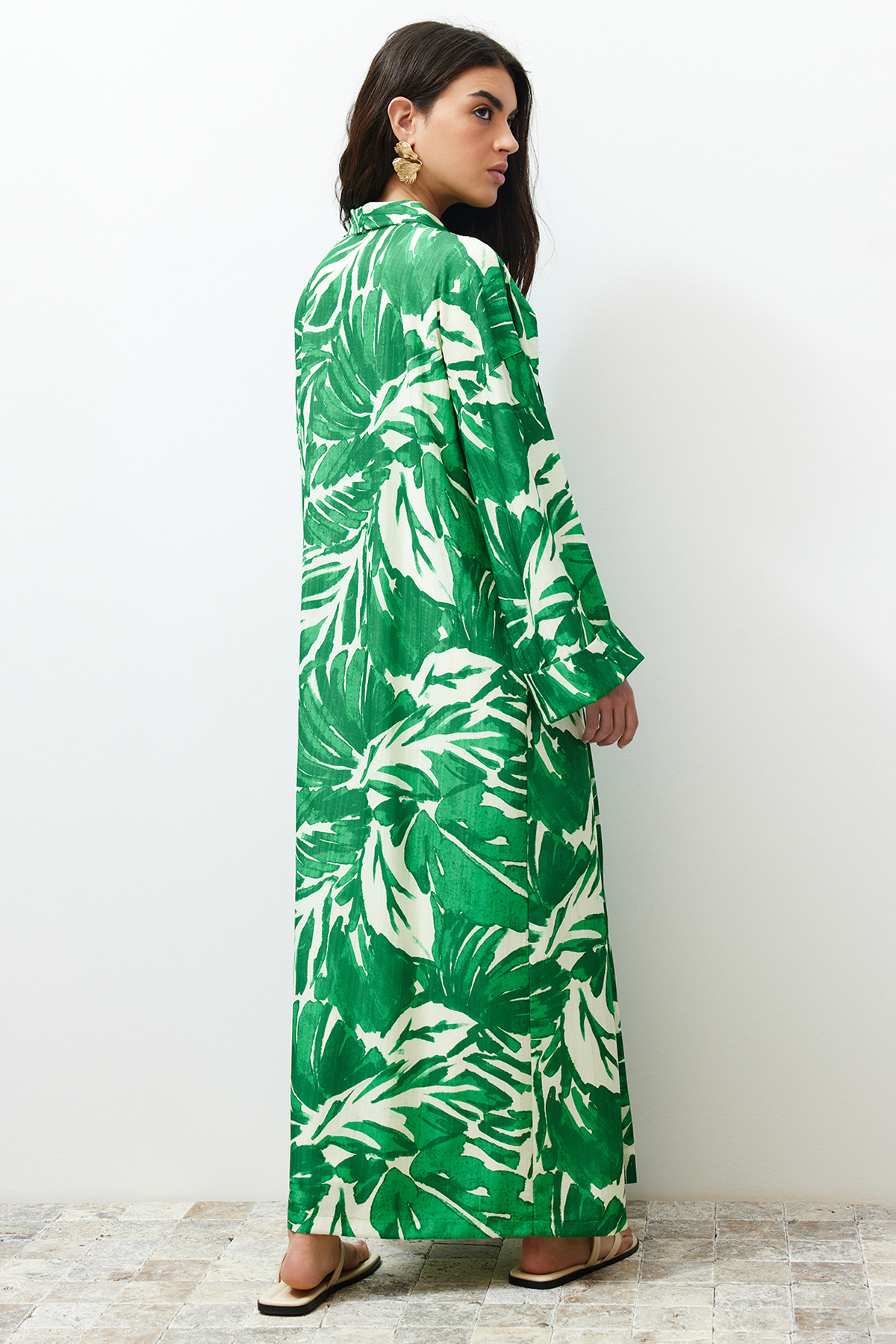 Trendyol Green Tropical Pattern Long Woven Kimono &amp; Kaftan