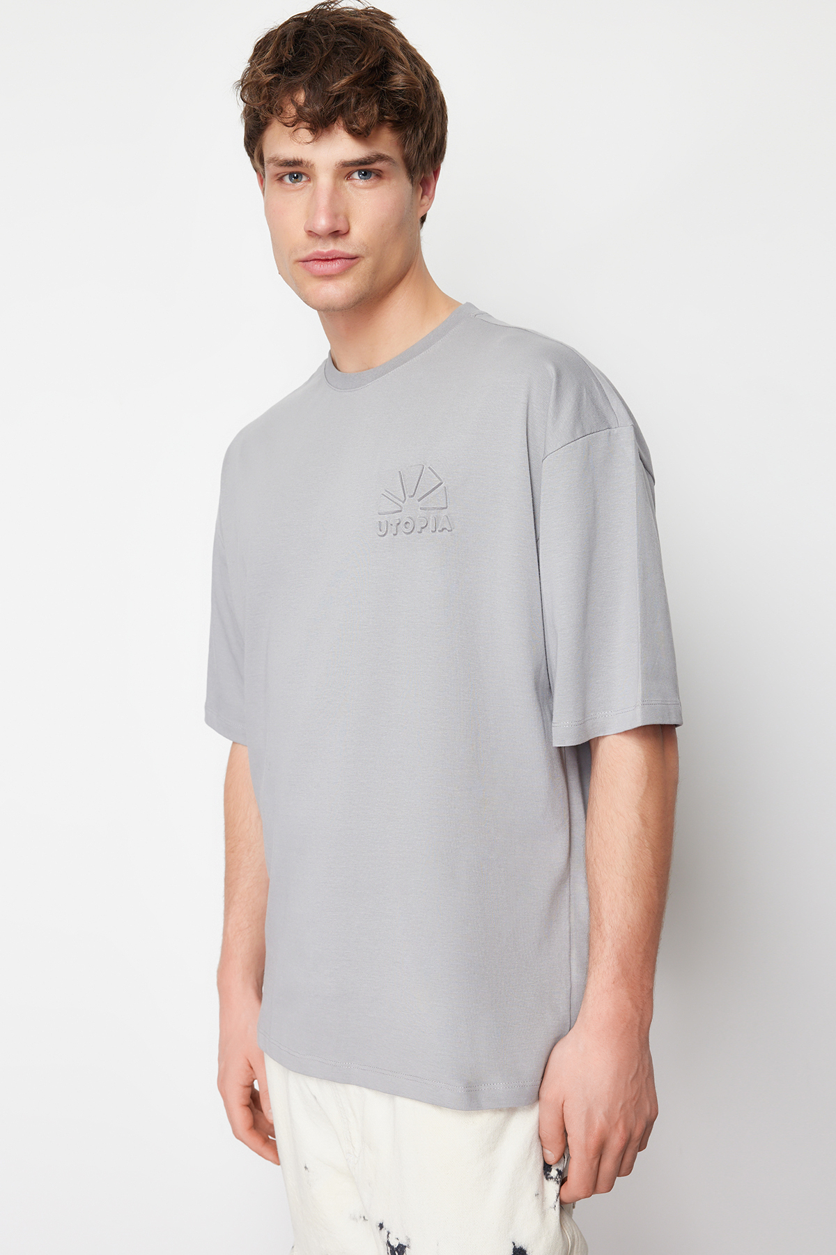 Trendyol Gray Oversize Embossed Printed 100% Cotton T-Shirt