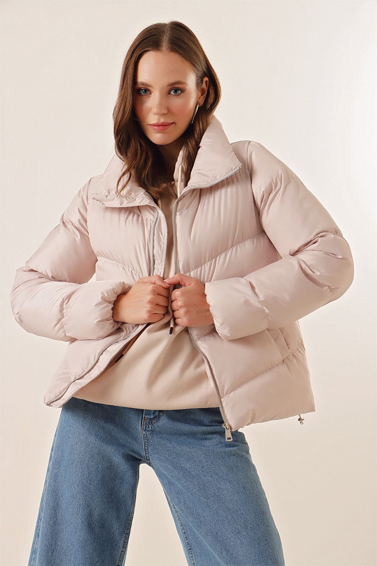 Bigdart 5205 Stand Collar Zippered Puffer Jacket - Beige
