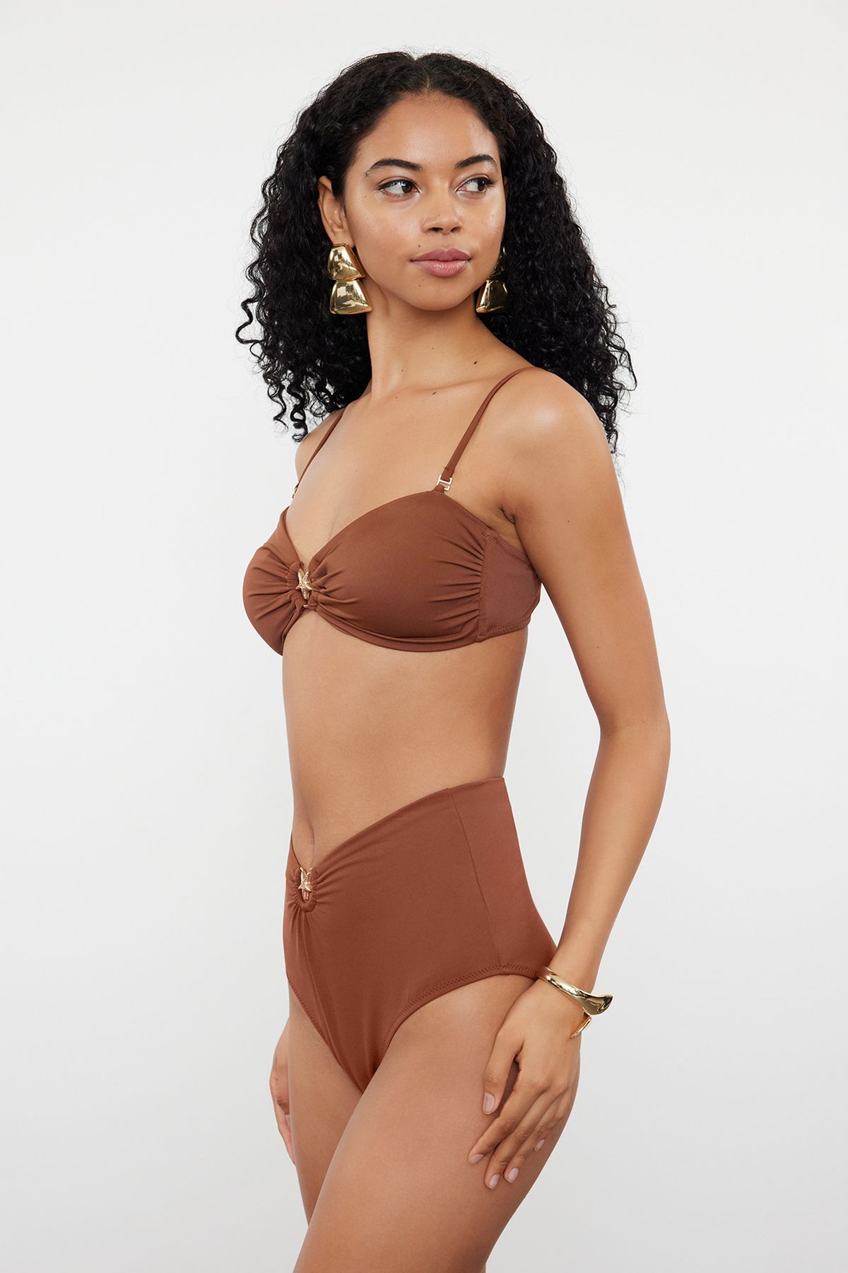 Trendyol Brown Premium Accessory High Waist Hipster Bikini Bottom