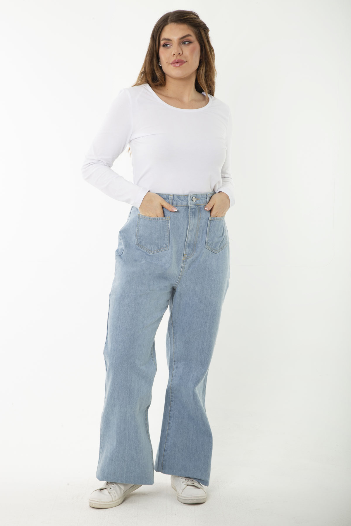 Şans Women's Plus Size Blue High Waist Wide Leg Lycra Free Jeans