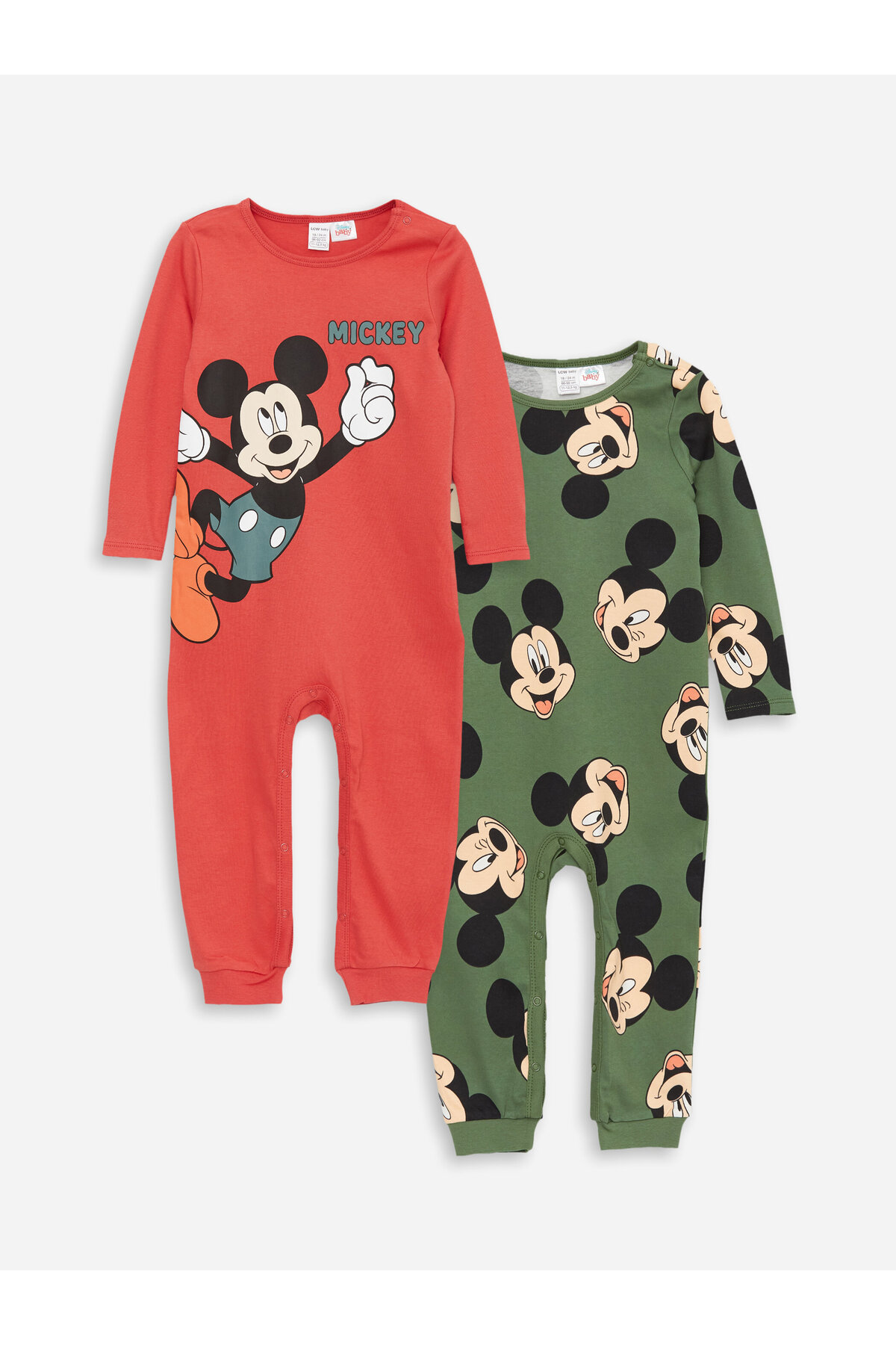 LC Waikiki Crew Neck Long Sleeve Mickey Mouse Printed Baby Boy Rompers Pack Of 2