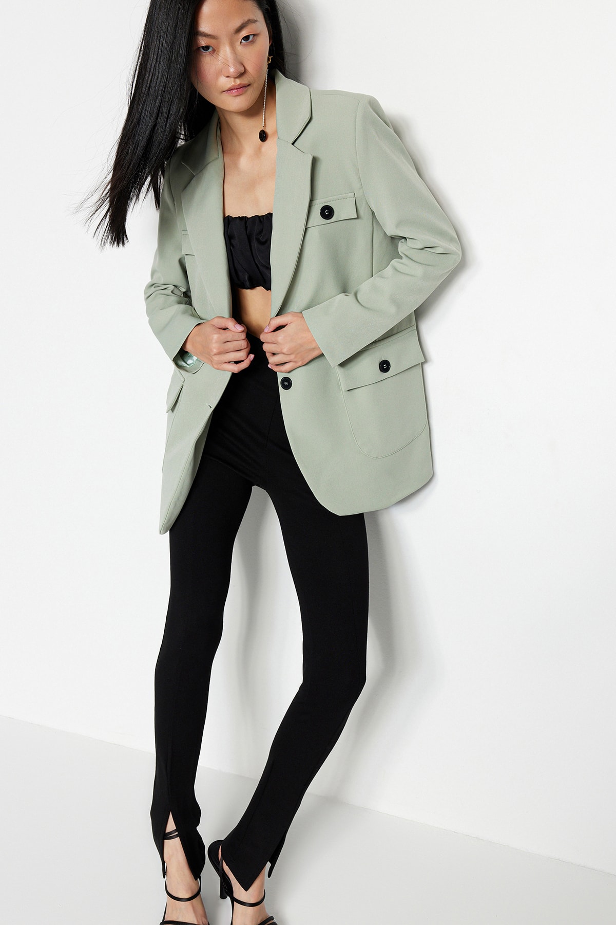 Levně Trendyol Mint Woven Lined Double Breasted Blazer with Closure