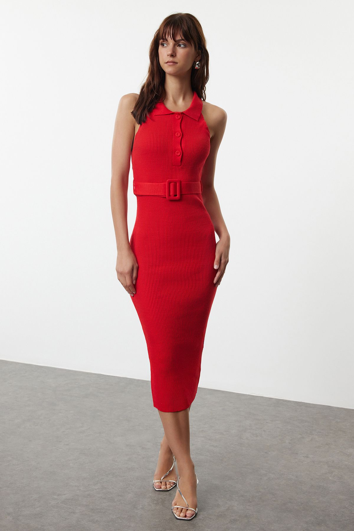 Trendyol Red Plain Belt Detailed Knitwear Dress