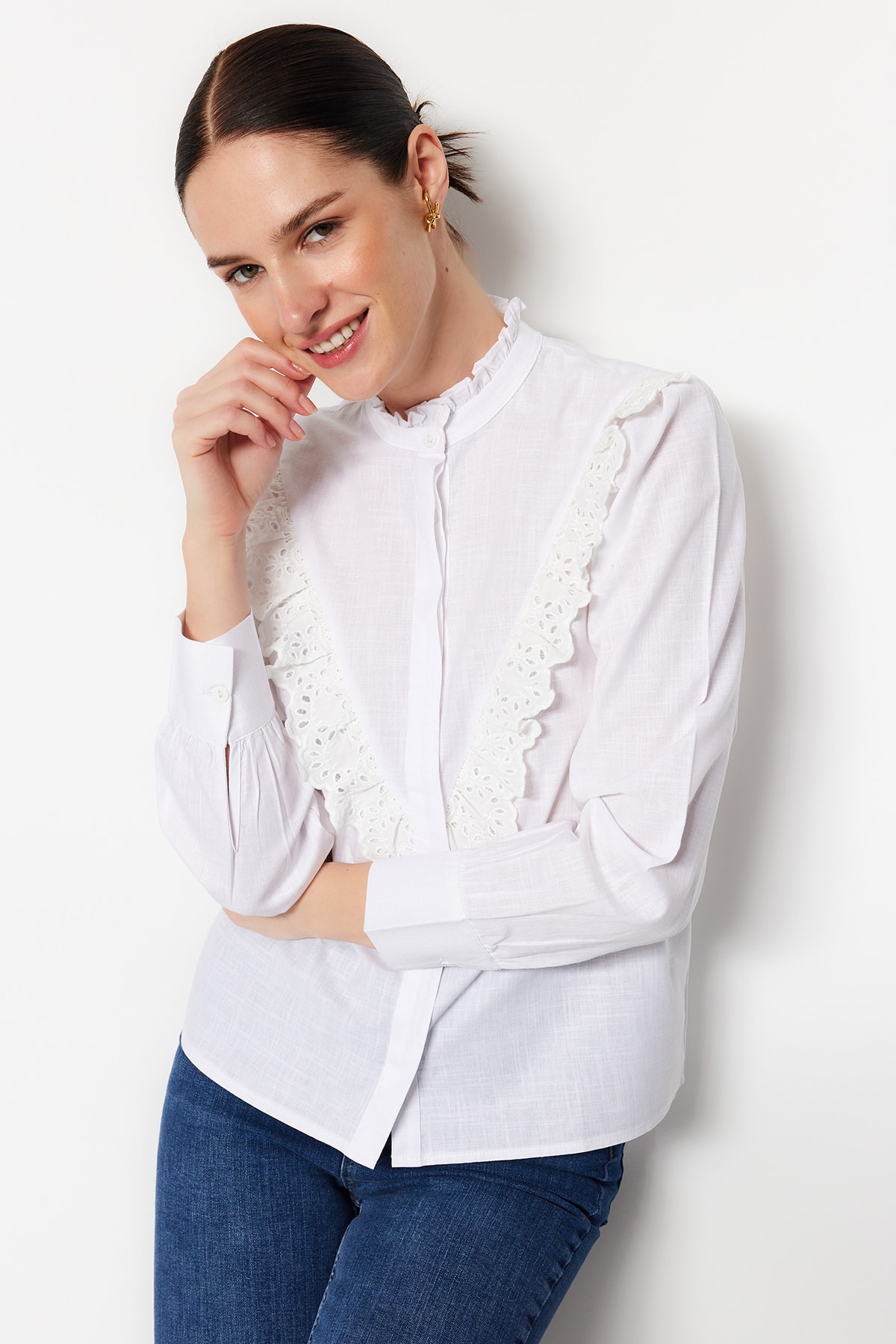 Trendyol White Lace Cotton Woven Shirt