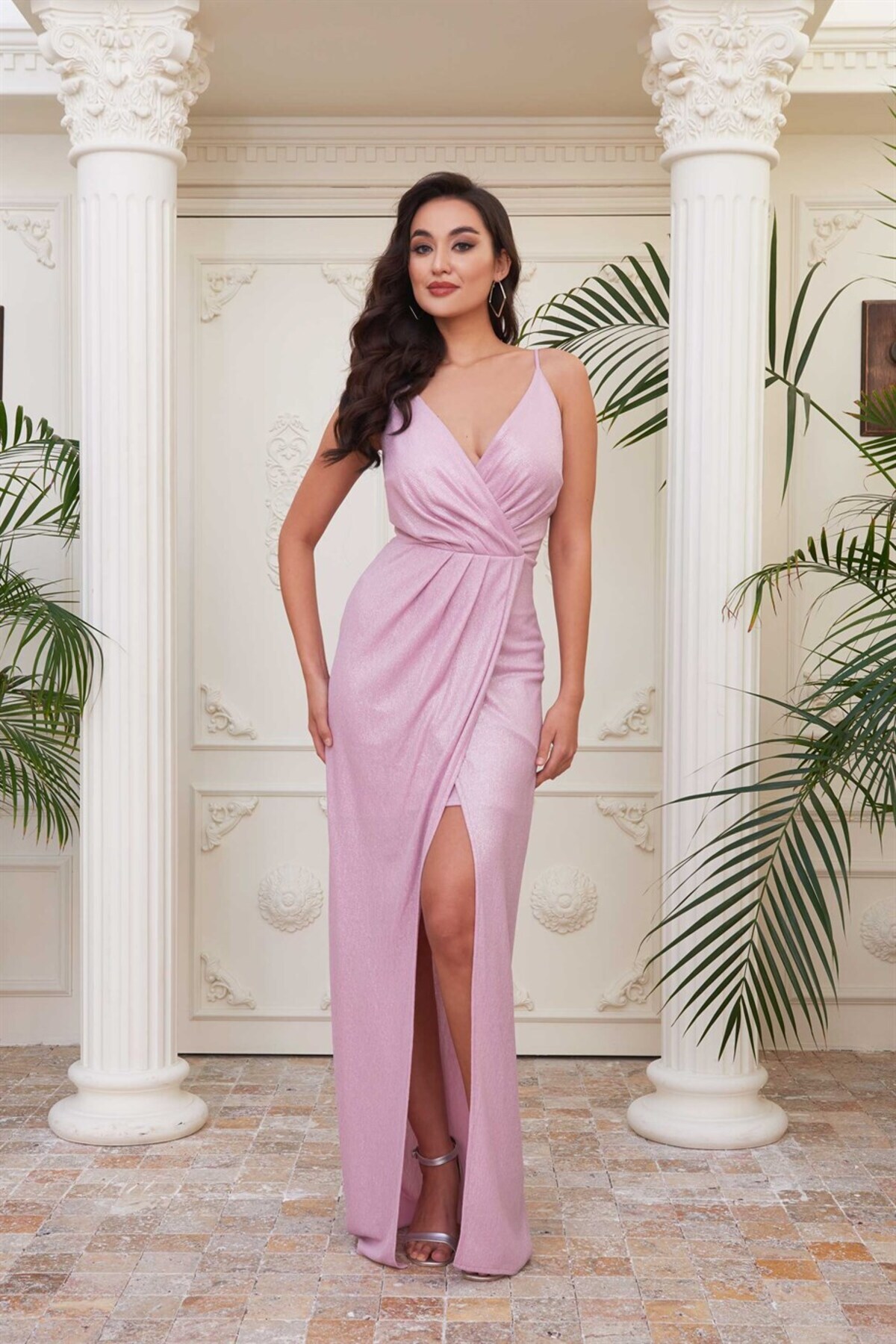 Levně Carmen Pink Lacquered Chiffon Double Breasted Evening Dress with a Slit
