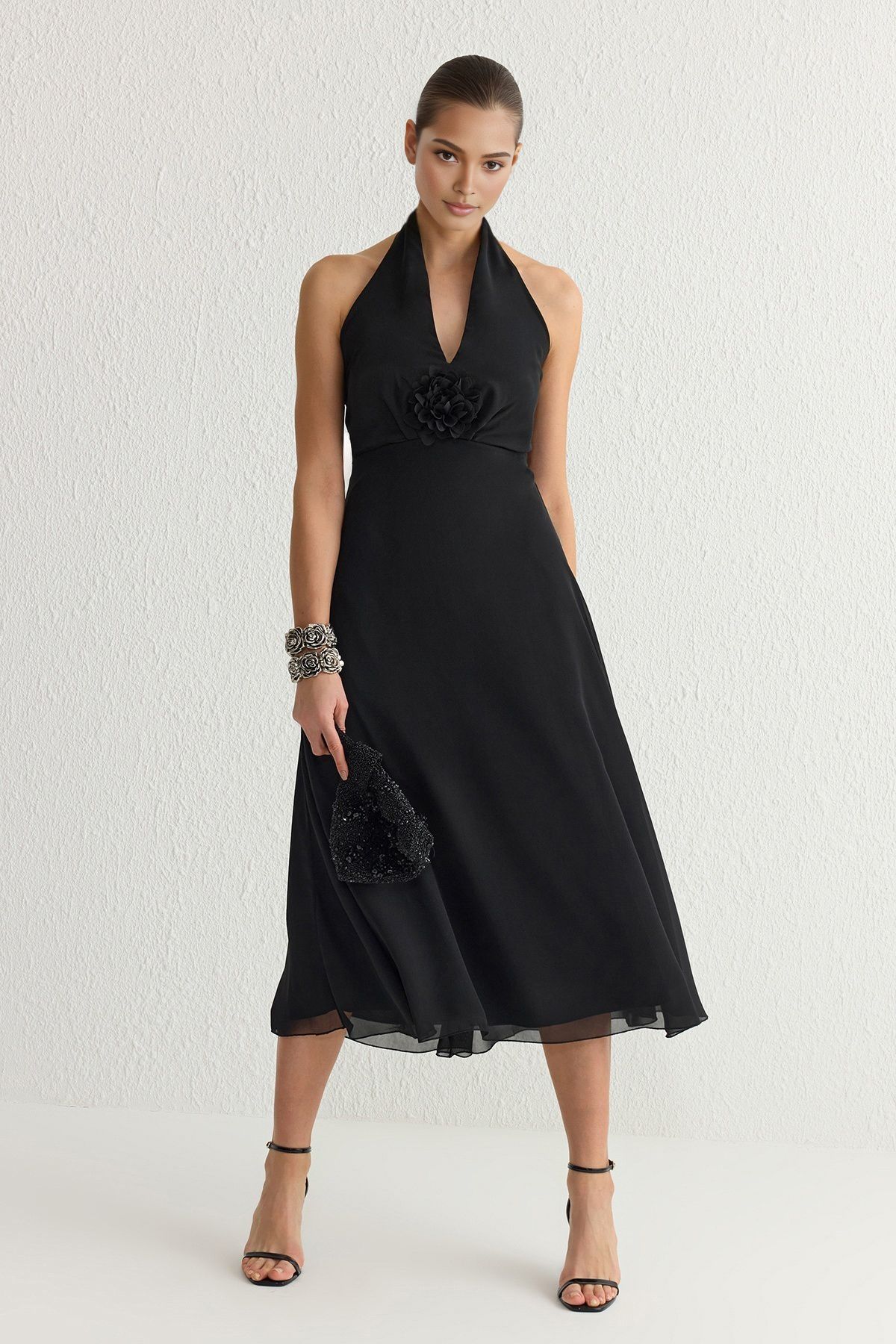 Trendyol Black A-Line Rose Detail V Neck Lined Chiffon Woven Chic Dress