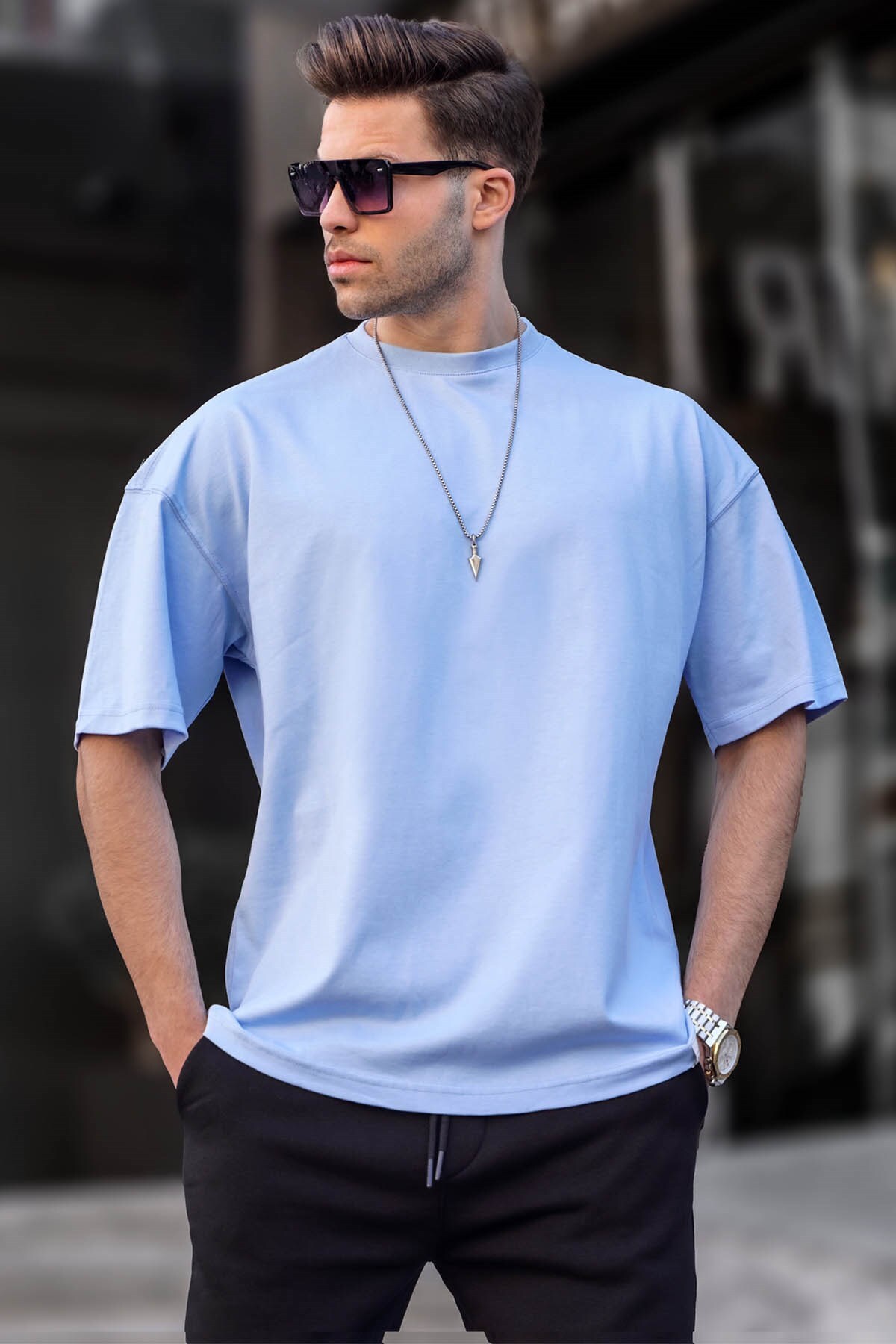 Levně Madmext Men's Baby Blue Oversize Fit Basic T-Shirt 6066