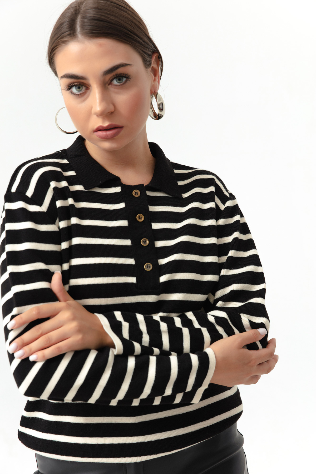Levně Lafaba Women's Black Polo Neck Striped Knitwear Sweater