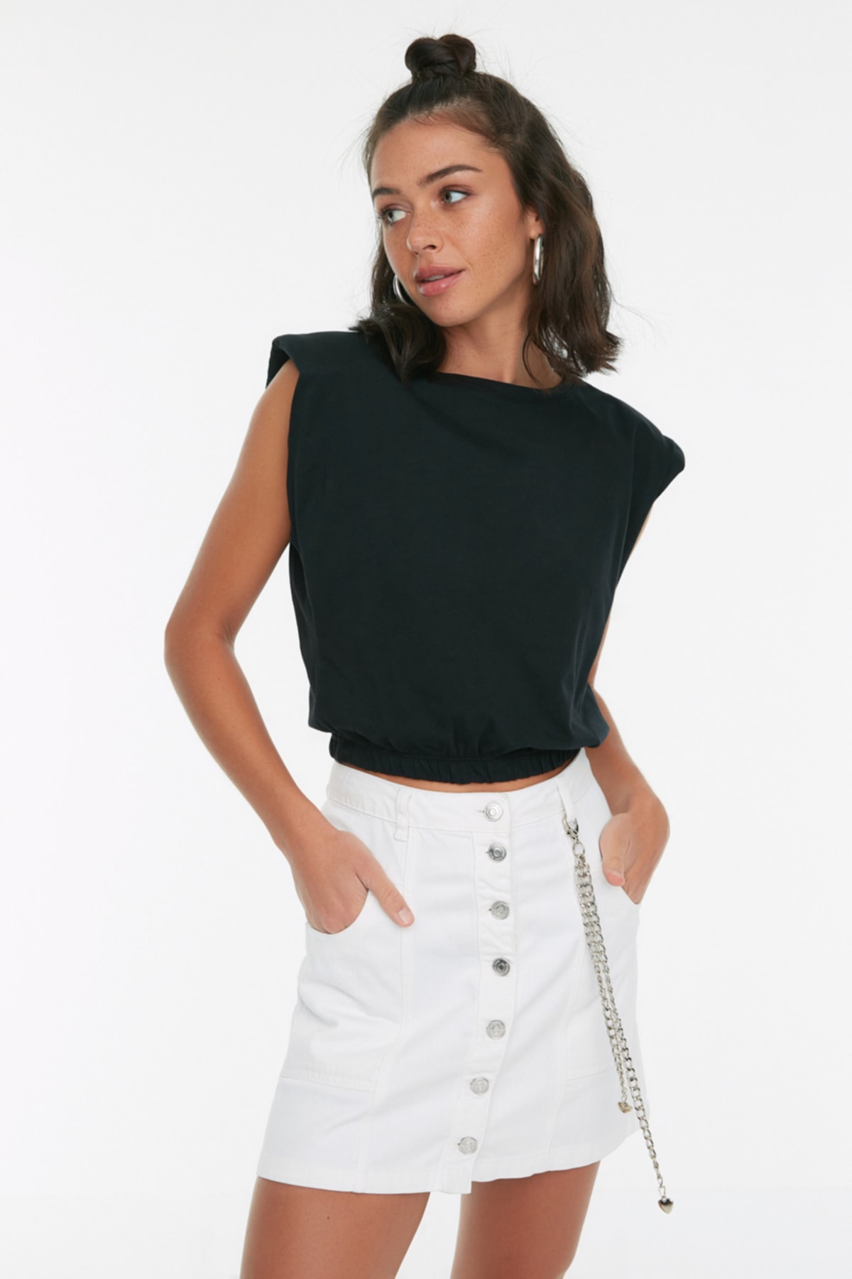 Trendyol Black 100% Cotton Padded Crop Crew Neck Knitted T-Shirt