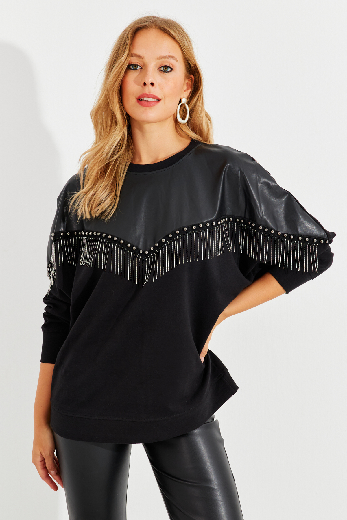 Cool & Sexy Women's Black Faux Leather Block Sweatshirt