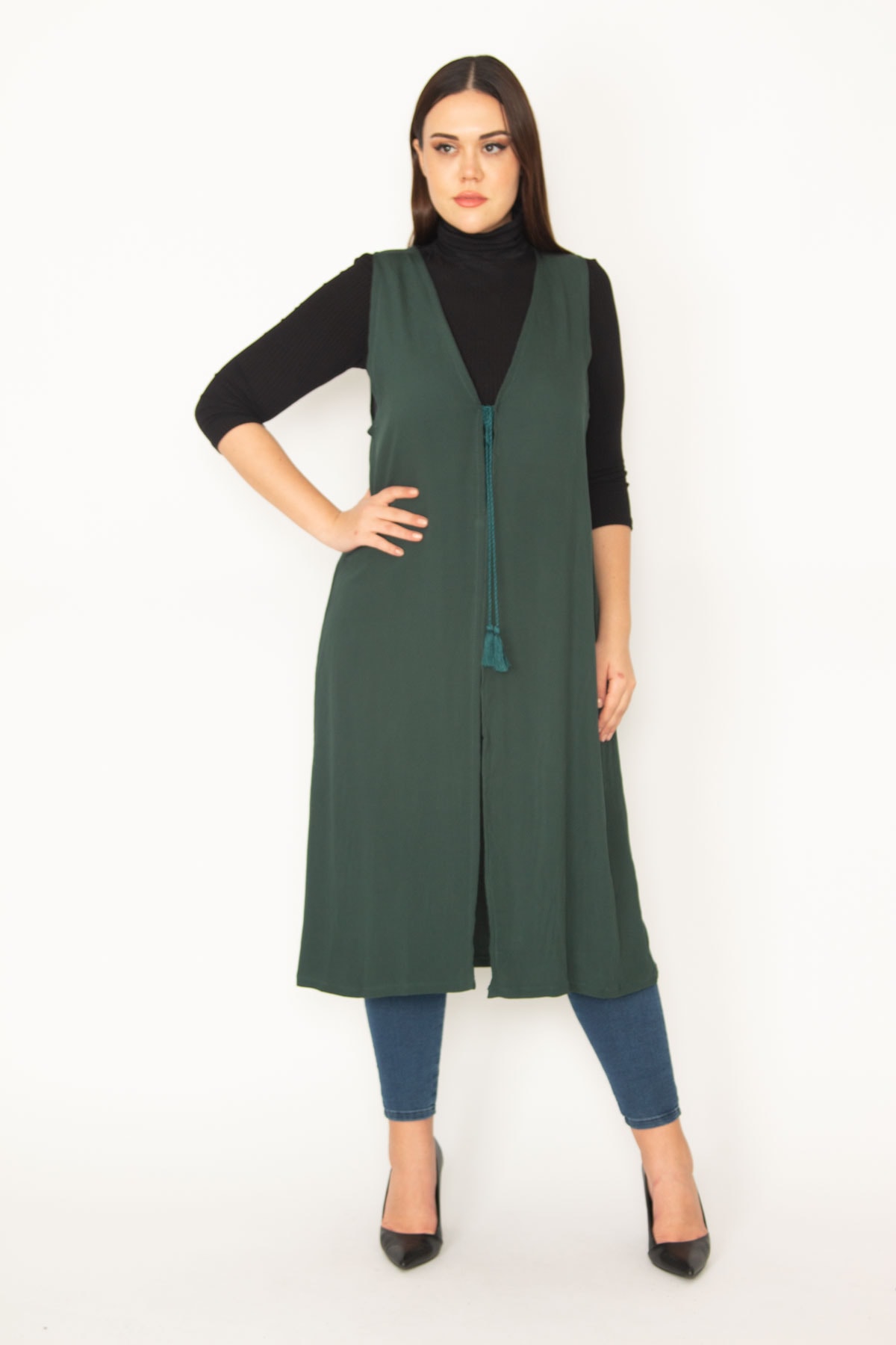 Levně Şans Women's Plus Size Green Front Lace Up Detail Unlined Long Vest