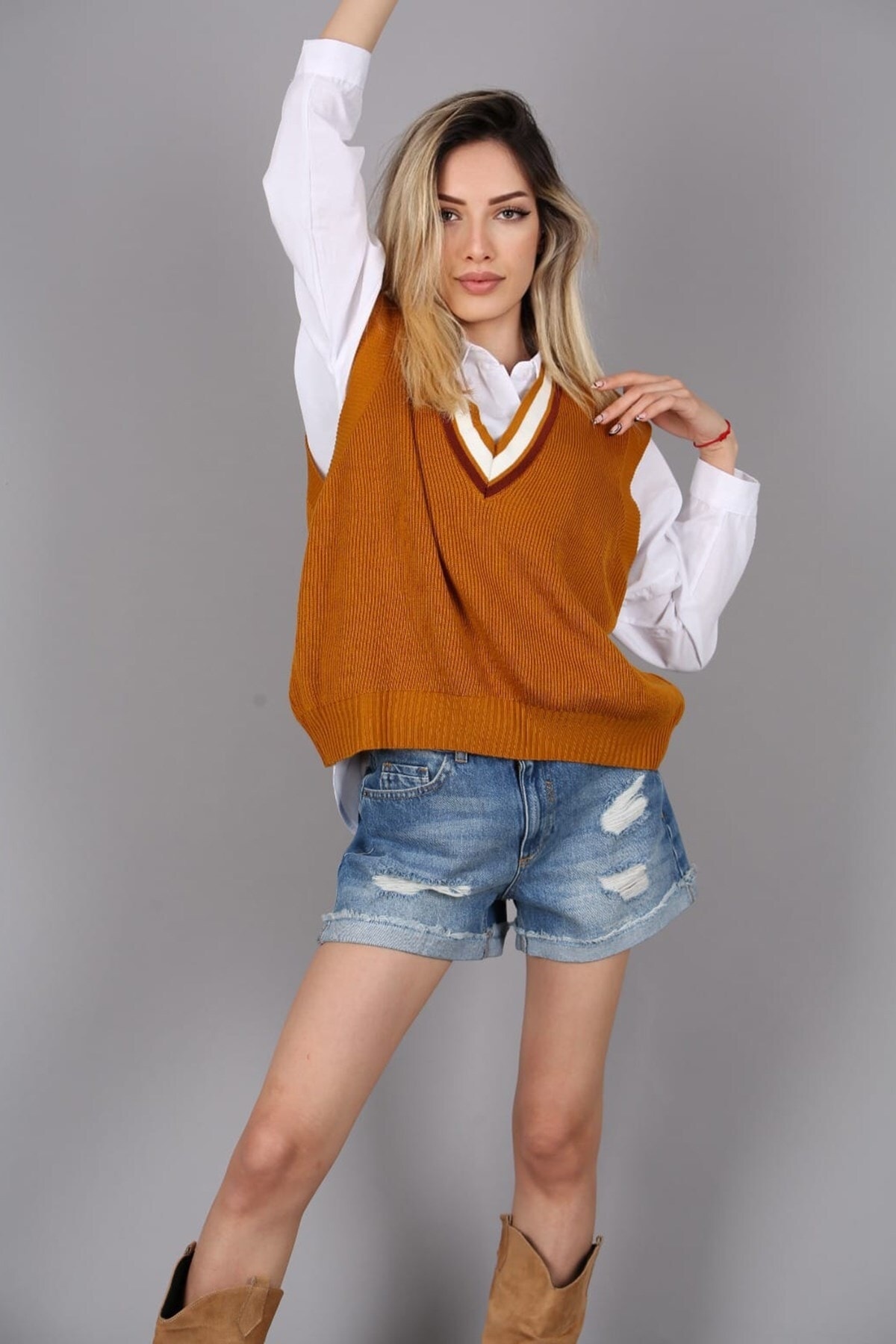 Madmext Women's Mustard V-Neck Striped Sweater