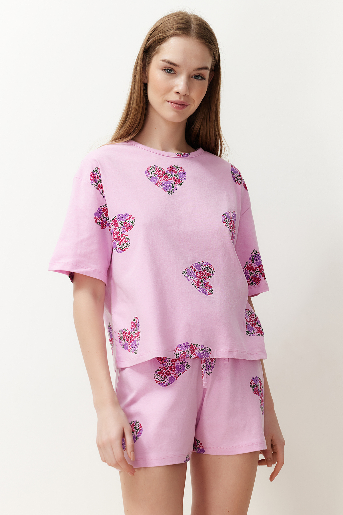 Trendyol Pink-Multicolored 100% Cotton Heart Knitted Pajama Set